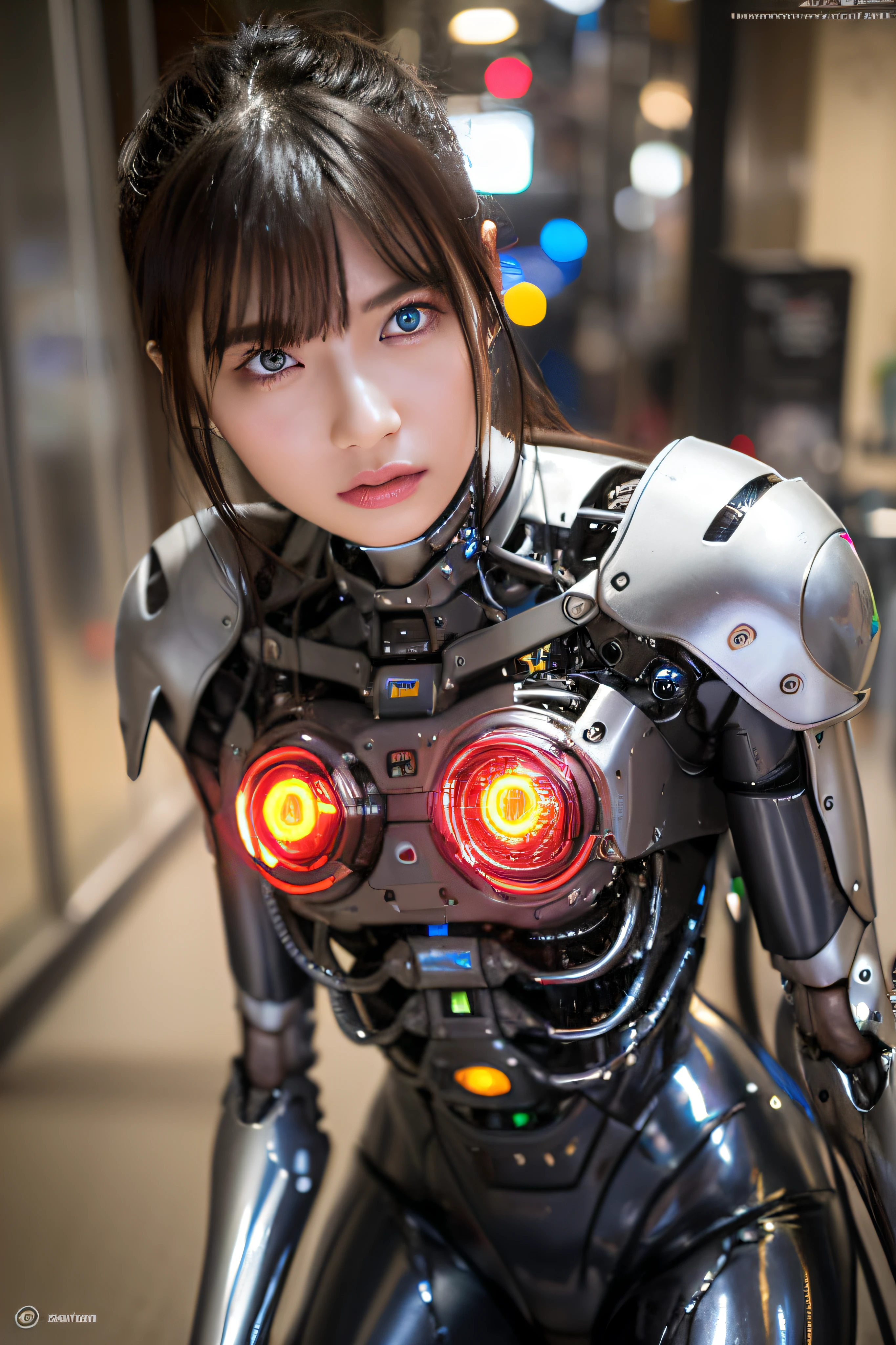 Top Quality, Masterpiece, Ultra High Resolution, (Photorealistic: 1.4), Raw Photo, 1 Girl, Black Hair, Glossy Skin, 1 Mechanical Girl, (Ultra Realistic Detail)), Portrait, Global Illumination, Shadows, Octane Rendering, 8K, Ultra Sharp, Big, Cleavage Exposed Raw Skin, Metal, Intricate Ornament Details, Japan Details, Very intricate details, realistic light, CGSoation trend, purple eyes, glowing eyes, facing the camera, neon details, mechanical limbs, blood vessels connected to the tube, mechanical vertebrae attached to the back, mechanical cervical attachment to the neck, sitting, wires and cables connecting to the head, gundam, small LED lamps,