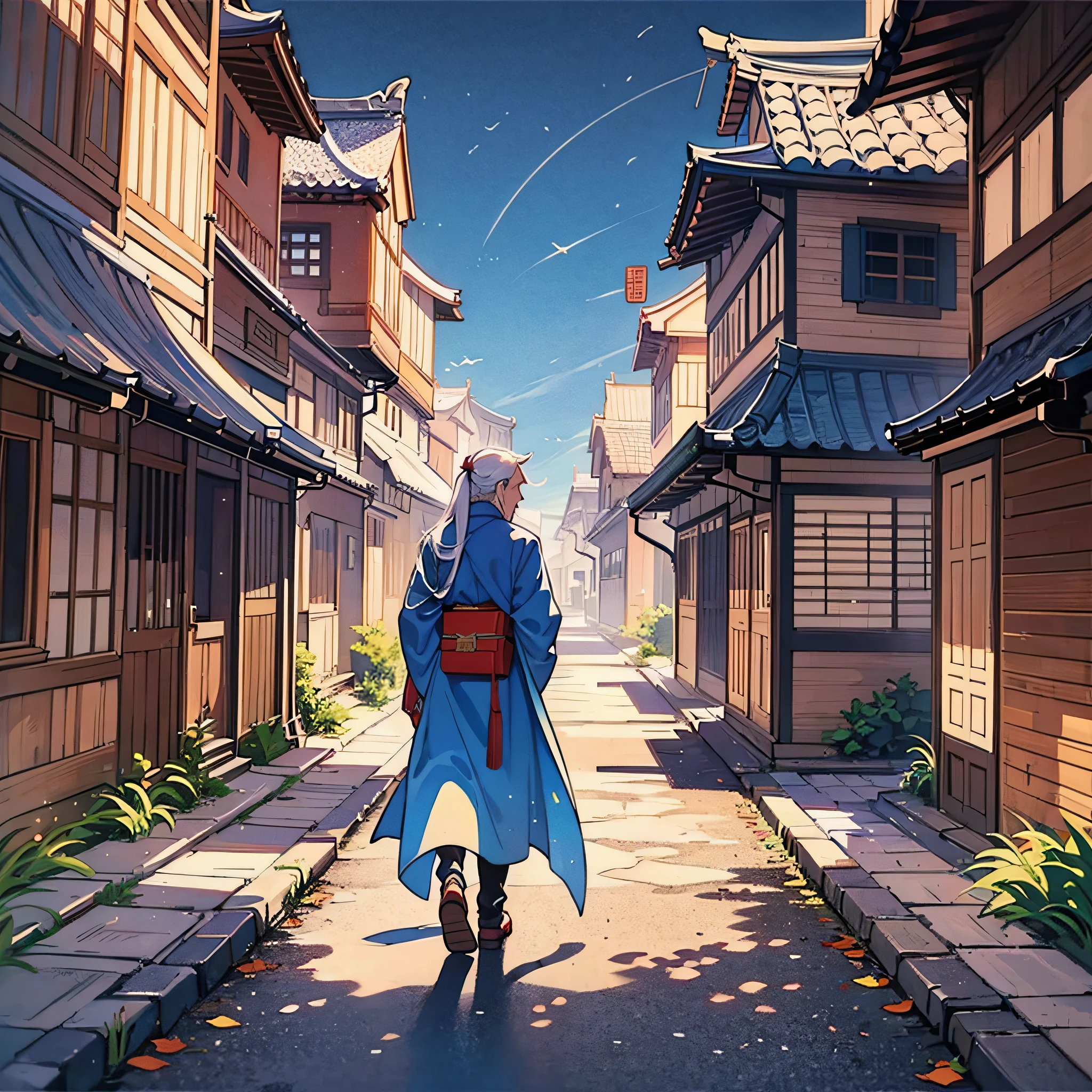 Masterpiece, outdoor, ancient China, ancient, 1 old man, long hair, bundled hair, Hanfu, blue Hanfu, dark sky, walking on a country road, only the back can be seen, back to the camera