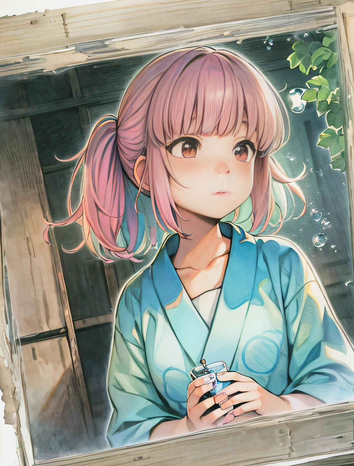 Yumekawa, dreamy cute, pale, moya, (masterpiece, highest quality, highest quality, watercolor (middle), upper body, kiss, lesbian, yukata, changing clothes, pattern, break, (twin-tailed iridescent hair: 1.2), break, soap bubble, cloud, colorful, soap bubble, spread throughout, cute, pastel, sweet, fluffy