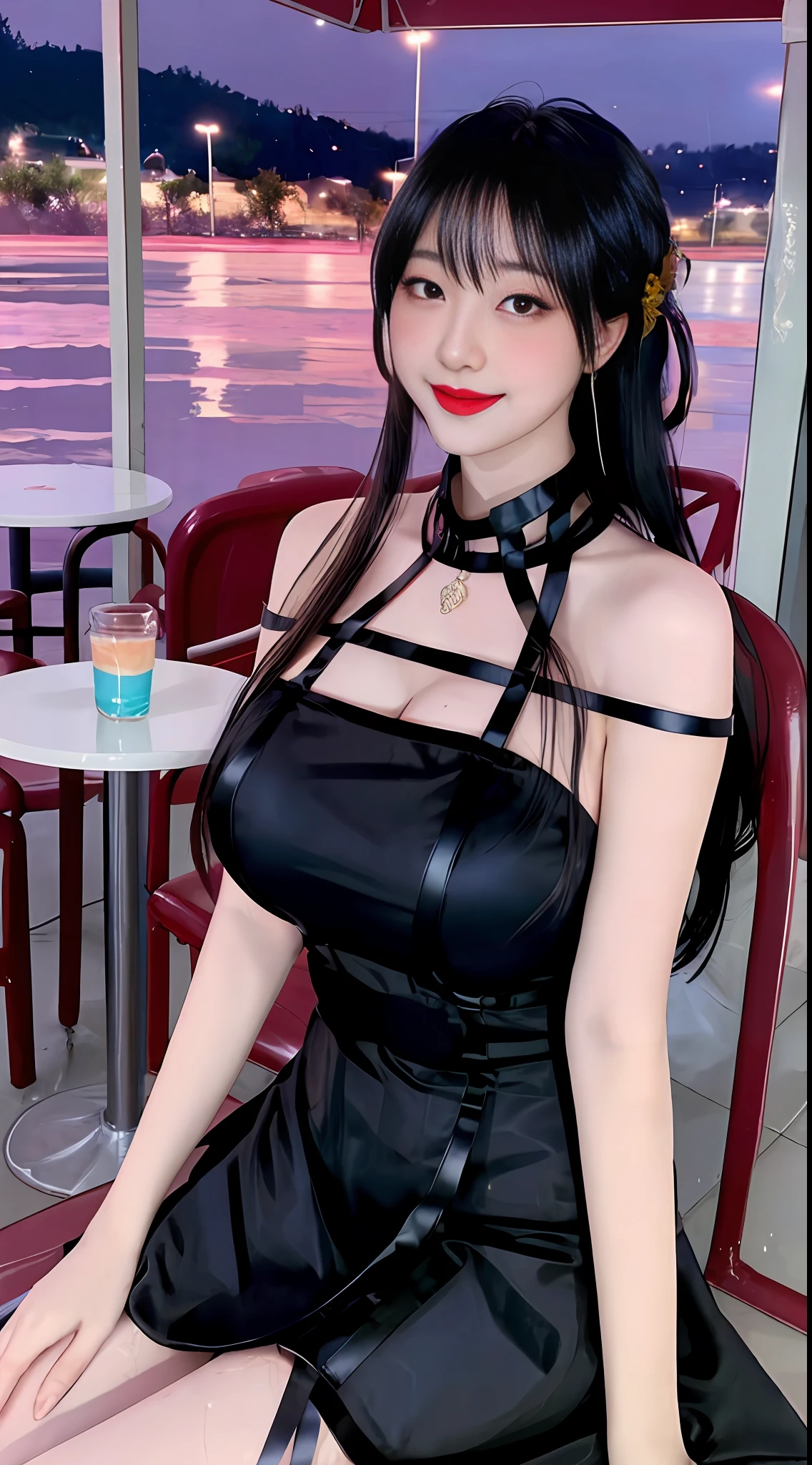 (64K, UHD, finest quality, masterpiece:1,2), (realistic, photo-realistic:1,37), very detailed, 1 girl, cute, pink lips, solo, beautiful sky detail, detailed cafe, night, sitting, date, (blushing nose), (smile: 1.15), (mouth full of white liquid) huge and plump ???????, beautiful eye details, (????????????? top and skirt and high school uniform:1.1), evening, wet clothes, rain, lace white, (long hair:1.2), floating hair, ???????,