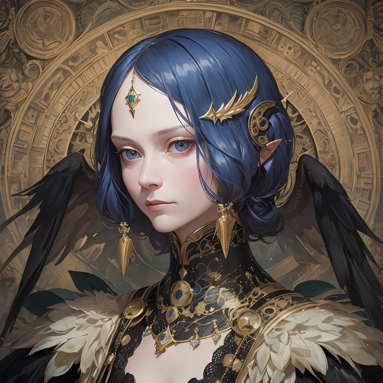 Tilda Swinton IS A BLACK ANGEL art by Hieronymus Bosch in the anime, futuristic, sci-fi movie style:: A detailed, elegant, intricate and colorful portrait in mixed media :: A masterpiece of surreal art, a vibrant painting --auto --s2
