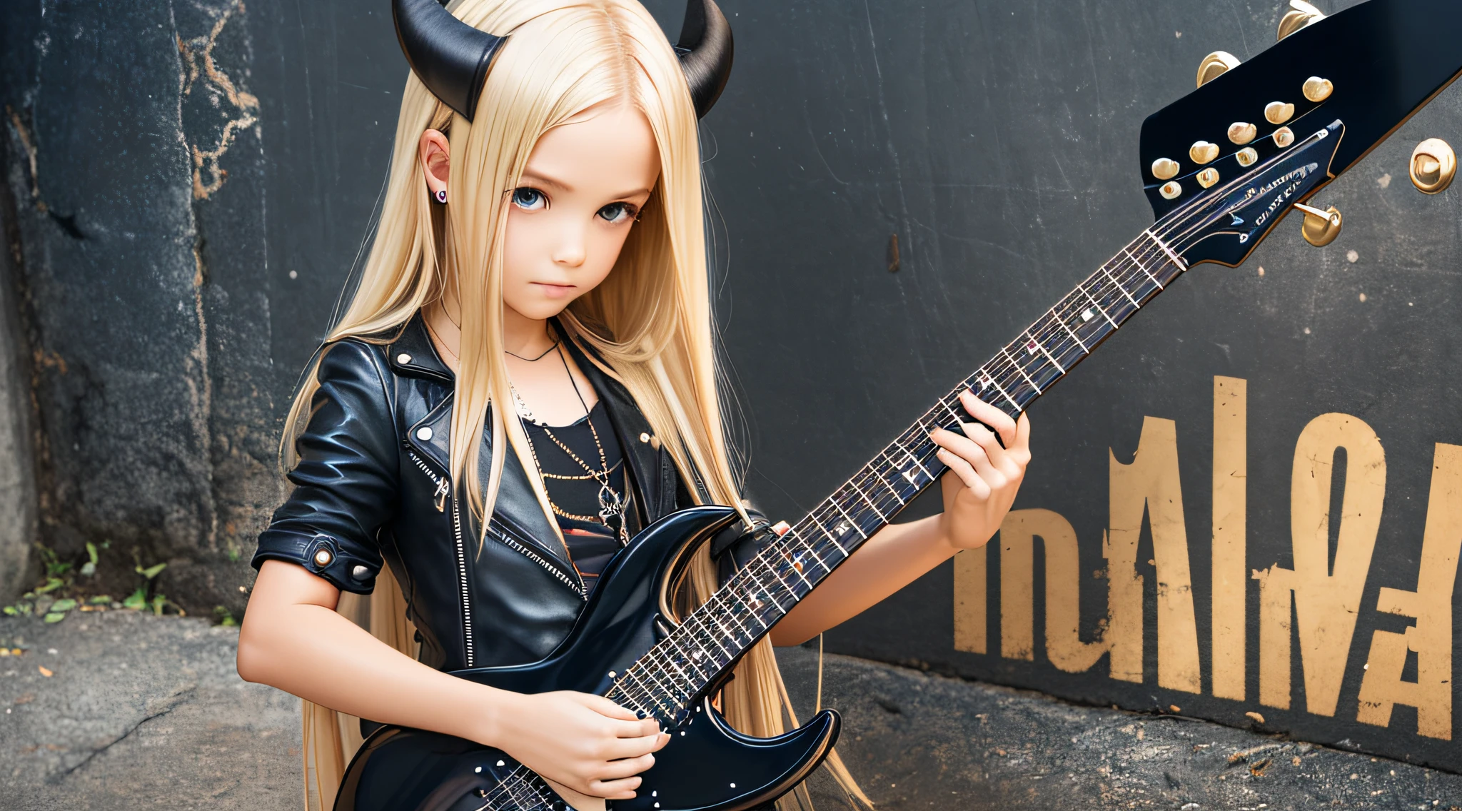 GIRL BLONDE CHILD LONG HAIR AND BIG STRAIGHT, WITH LEATHER JACKET , PORTRAIT, a black electric guitar with a guitar case, amplifier and accessories, mat black metal, obsidian metal, electric guitar, evil guitars, dark metal, full product shot, kit, electric guitars, rock, futuristic electric guitar, lead guitar, guitar, black horns, rock star, black, dark tone, Black Metal Style, Intense Details, Black Crow, Vanta Black