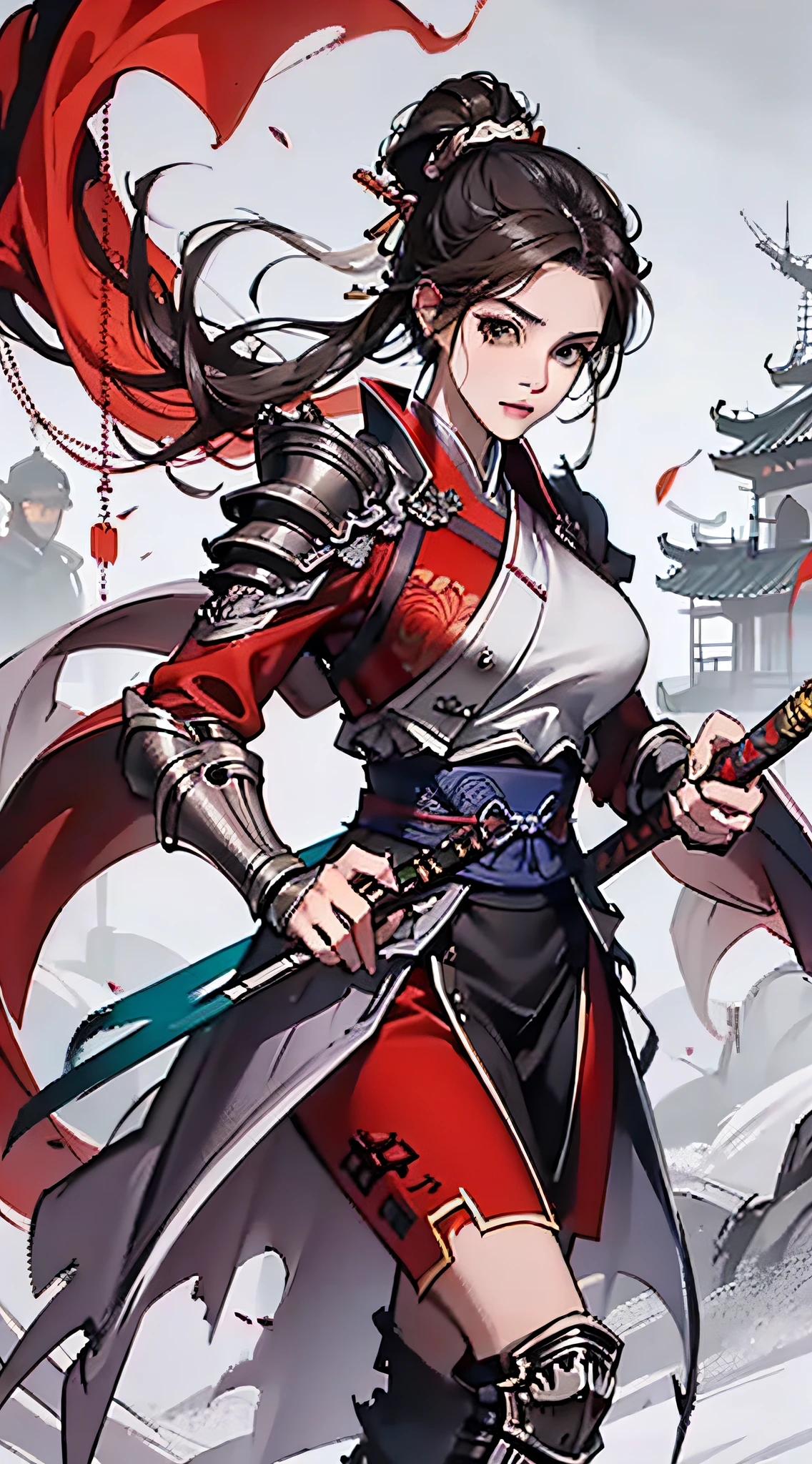 Chinese style, ancient battlefield, an ancient Chinese female general, holding a sword in her hand, grim expression, full body, amazing facial features, red robe, armor, boots, yellow sand in the sky, fleeing crowd, firelight, game model, stunning lighting, C4D, OC rendering, cinematic edge light, delicate light, masterpiece, super detailed, epic composition, super HD, high quality, highest quality, 32k