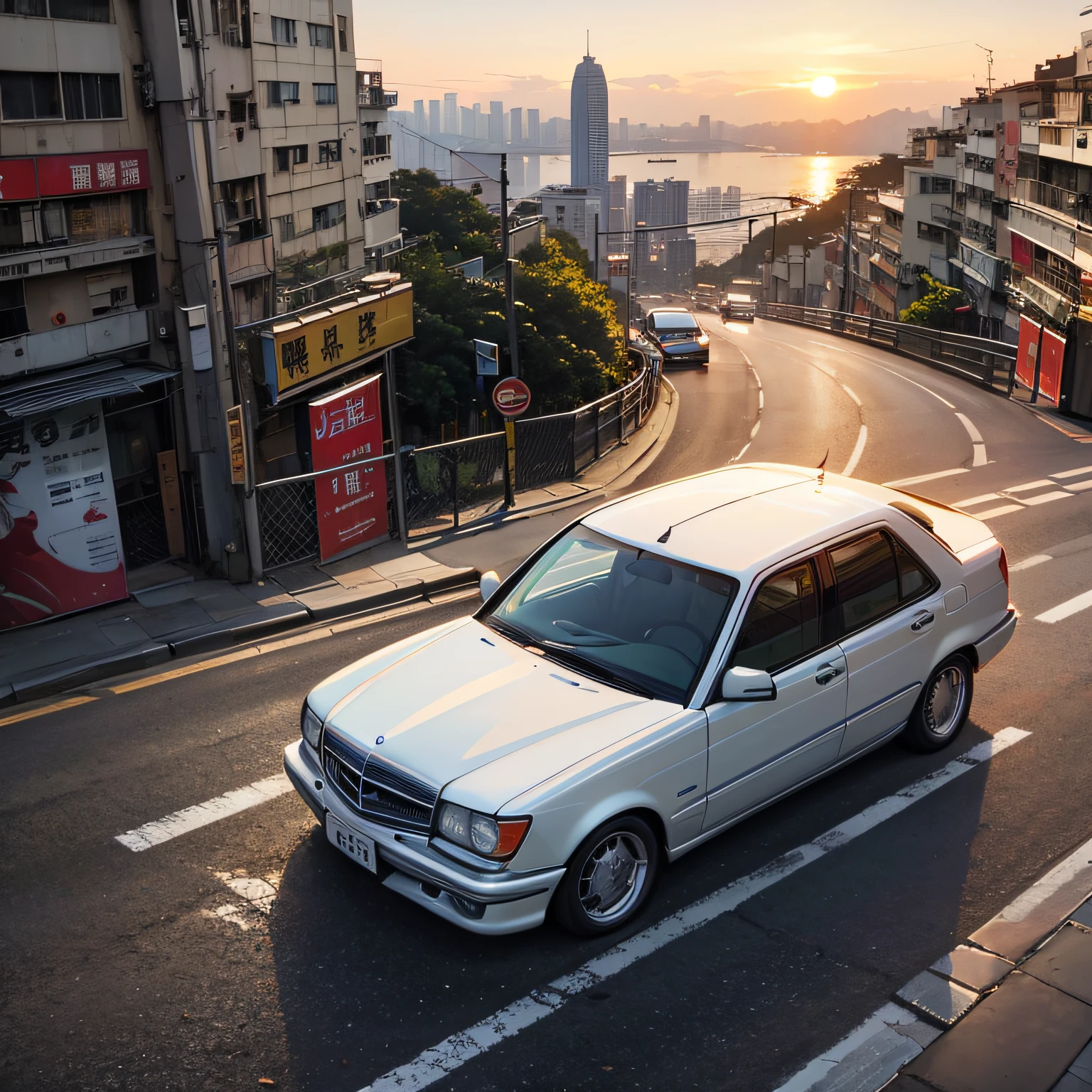 Mercedes, W124 car, on the streets of Hong Kong, sunset and dusk views, optimized image --auto