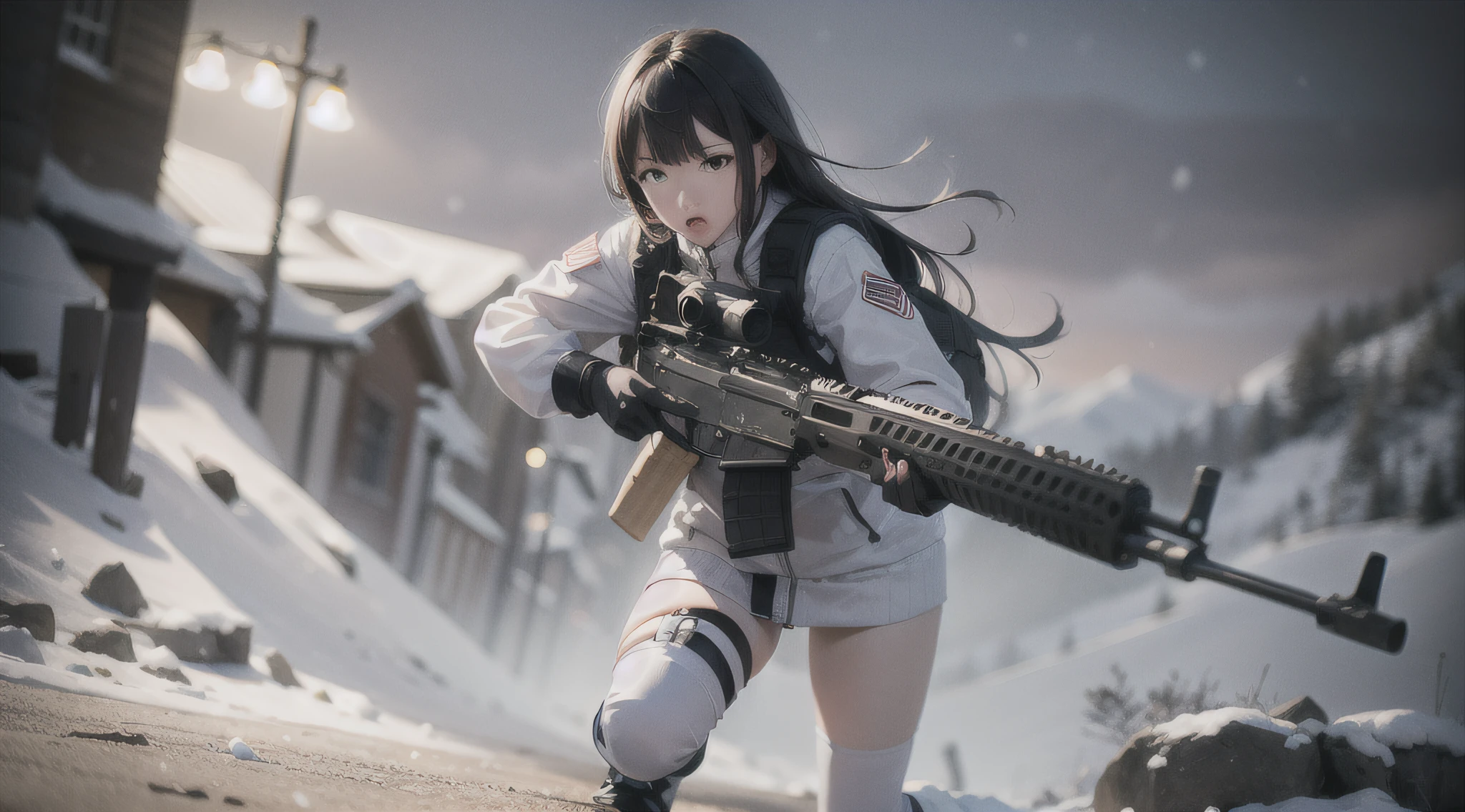 PMC, CQB, CQC, assault rifle, battle girl, snow mountain, white clothes