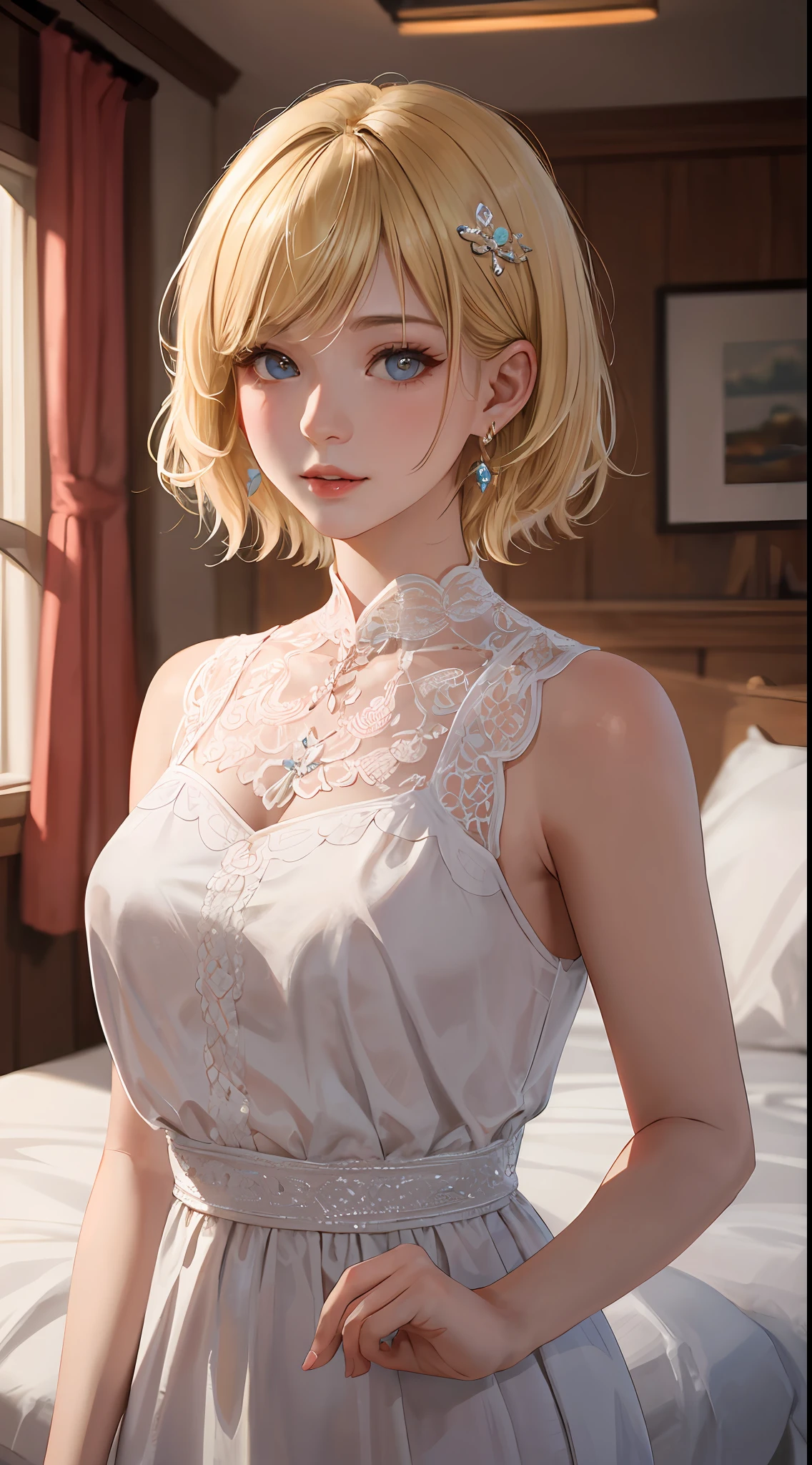 Realistic, Top Quality, 8K UHD, DSLR, Soft Lighting, High Quality, Film Grain, Fujifilm XT3, Intricate Details, Depth of Field, Girl 20 years old, (Cinematic lighting), (Blonde, Short hair), Earrings, Hair ornament, Flash, ((Short hair)), Nice hairstyle, Very short, Nice style, Gorgeous room,