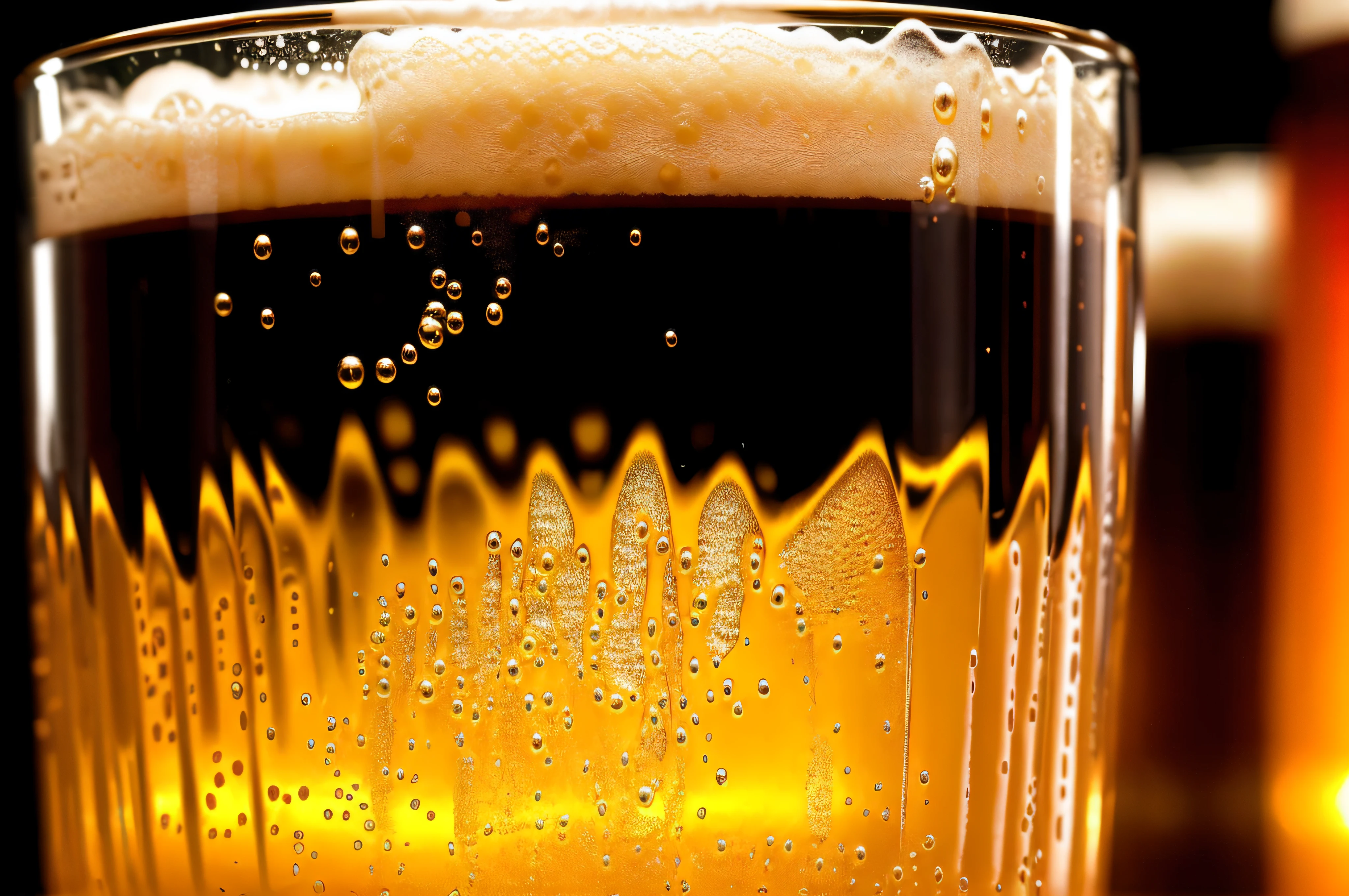 arafly filled glass of beer with bubbles on a black background, surface with beer-texture, cold beer, inside a beer glass, beer, drinking beer, drinking a beer, beer being drank and spilled, cinematic beer, beer in hand, high angle close up shot, really close - up shot, closeup shot, close up shot, close up shot a rugged