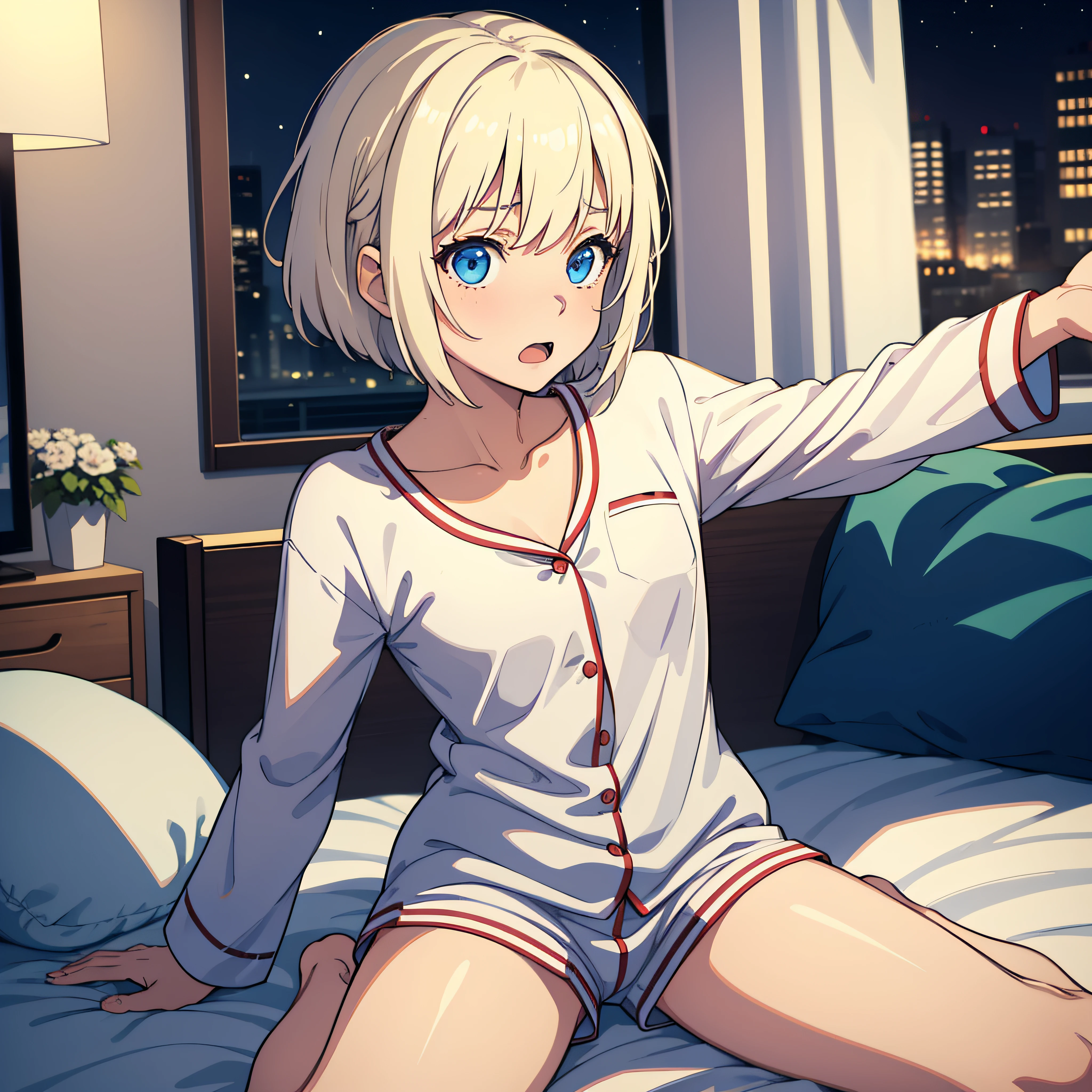 Masterpiece, Best Quality, NSFW, 1girl, Platinum Blonde Hair, Short Hair, Blue Eyes, Small Perky,Night, Pajamas, Surprised Face, On Bed, Oversleeping, Waking Up Diagram