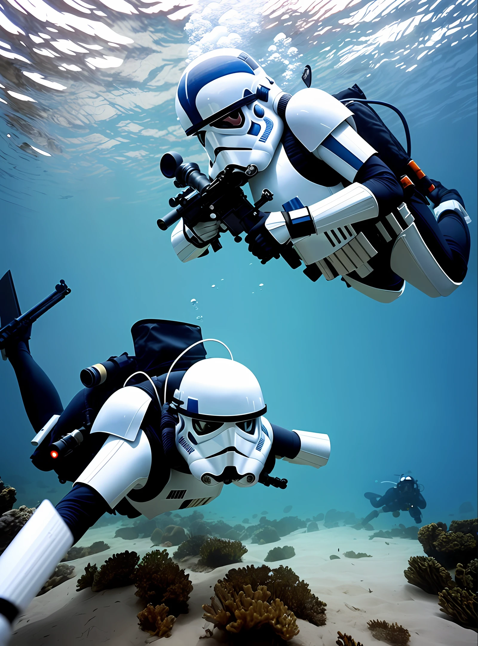 Star war, Imperial Stormtrooper combat divers, Sea Blue Armor, wearing diving fins on foot, diving underwater, Use a gun Telescopic sight to aim at the enemy, 8K ultra high definition resolution, rich details