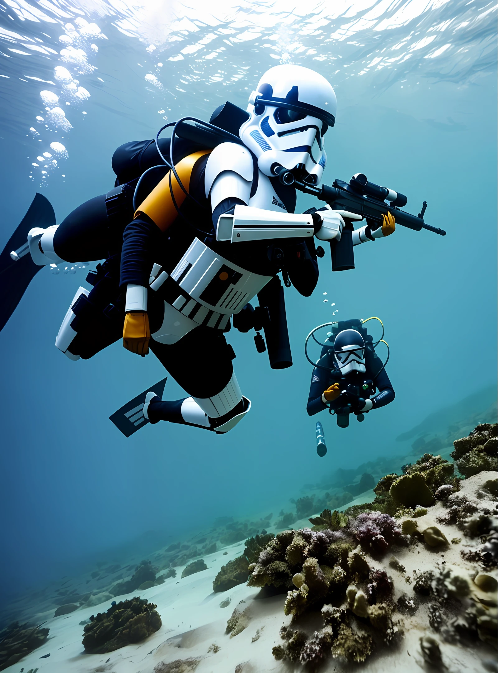 Star war, Imperial Stormtrooper combat divers, Sea Blue Armor, wearing diving fins on foot, diving underwater, Use a gun Telescopic sight to aim at the enemy, 8K ultra high definition resolution, rich details