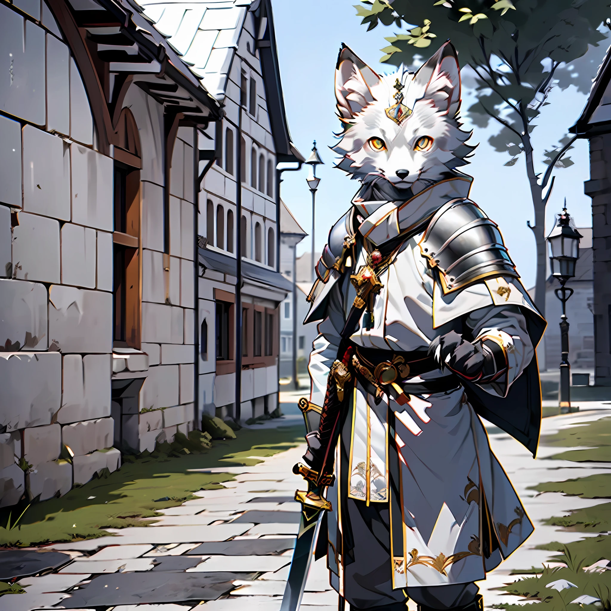 high detail, hyper quality, high resolution, 1080P, solo, (male arctic fox: 1.5), (gray fur: 1.3), (gray skin)), gray ears, golden eyes, sharp claws, ((gray claws)), (fluffy tail: 1.2), ((wearing knightly armor)), holding a sword, leading a horse, in front of a medieval castle, HDR