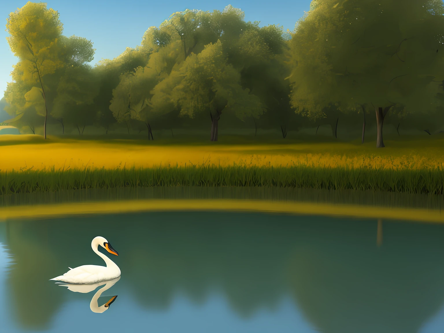 A peaceful place, very pleasant, aesthetic, calm, scenic. photorealistic, 8k uhd, studio quality, ultra realistic, max detail, massive scale, post-processing, realistic, photorealism, photoshop, photography, detailed, cinematic lighting, landscape, panoramic, landscape, raytracing, cinema4d swan with elegant on water yellon duckling with brow head