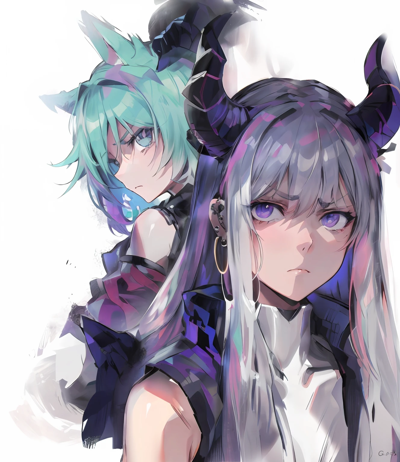 anime characters with long hair and purple hair are posing for a picture, original character, high quality, masterpiece, horns, gray eyes, demon girl, blur the background, anime style, best quality, 8k, medium breast, (long hair), soft skin, cold eyes, fox guy in the background looking at her angry, extremely detailed, jacket, piercings, empty eyes, eye reflection, gradient eyes, devil eyes, longeyelashes, annoyed, closed mouth, serious, expressionless eyes, lonely, multiple views, atmospheric perspective, perspective, 360 view, beautifull girl, demon girl