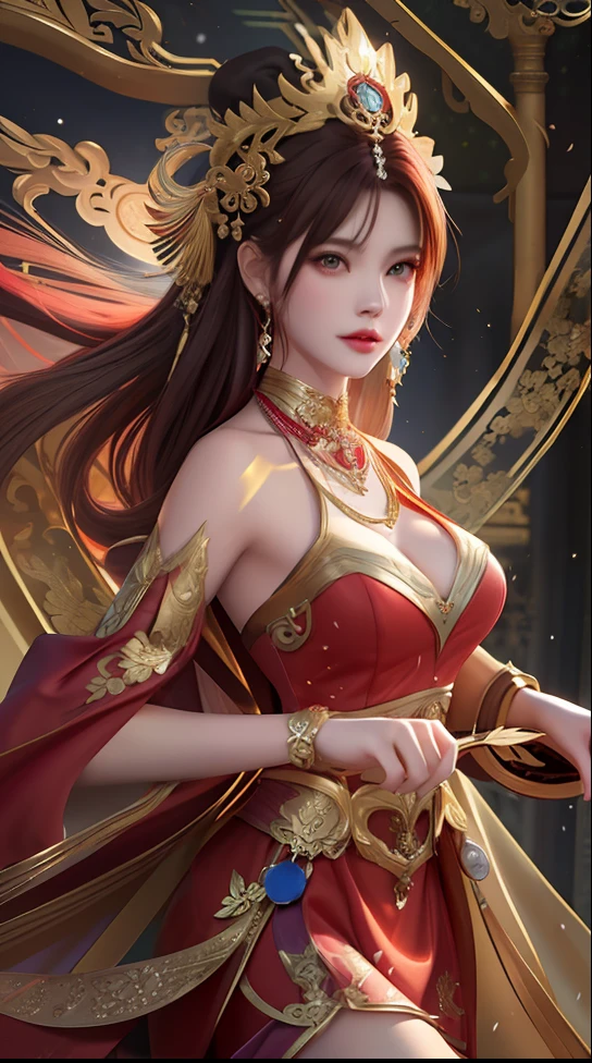 a woman in a red dress with a gold necklace and a red dress, cgsociety - w 1 0 2 4 - n 8 - i, a beautiful fantasy empress, ((a beautiful fantasy empress)), digital fantasy art ), fantasy woman, fantasy art behance, beautiful fantasy maiden, cgsociety ), cgsociety contest winner, cgsociety and fenghua zhong