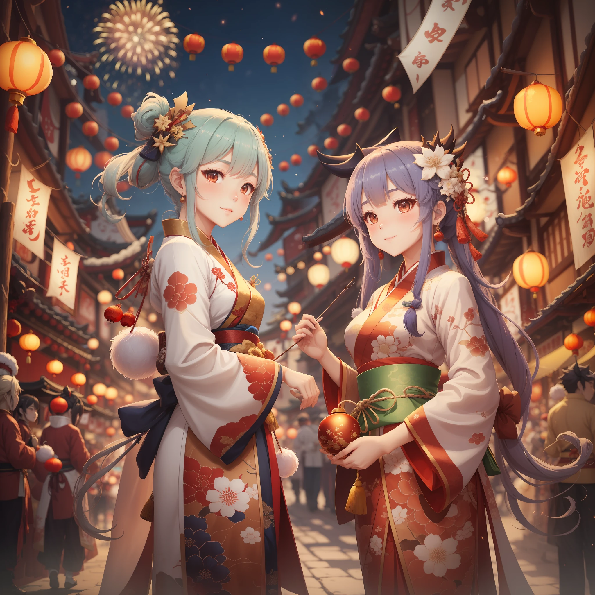 Genshin characters, Ganyu, Keqing, etc., Miha You, anime, multiplayer, New Year style, Chinese style, scenes full of festive atmosphere, fireworks blooming, lanterns hanging high, people wearing gorgeous traditional costumes, joyful and peaceful crowds, warm tones and delicate painting style show the unique charm of Genshin, high resolution, 4k. --auto