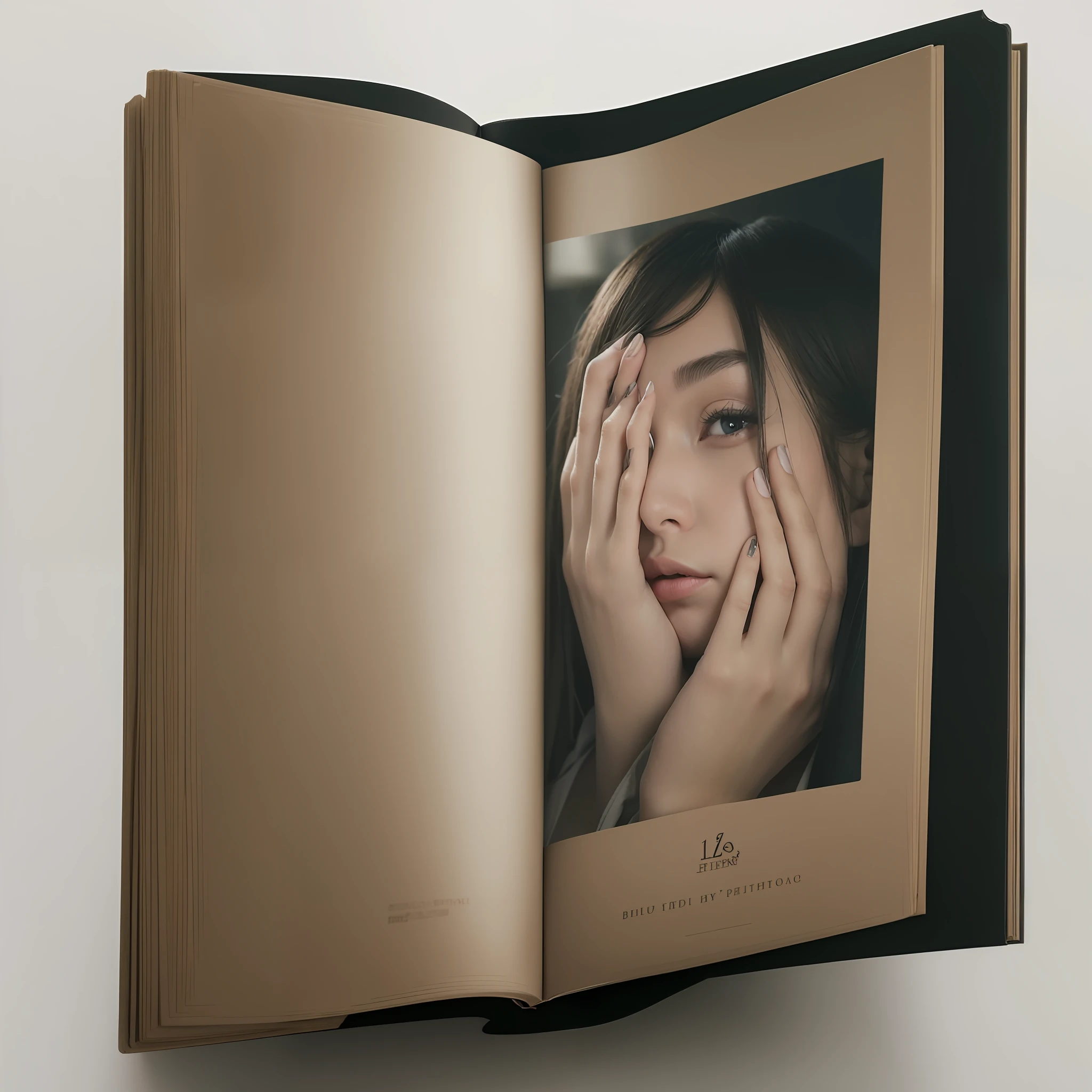 Best quality, 1 beautiful woman, Wearing clothes like a model would wear., 35mm lens, f/ 1. 8, (幻想的な構図: 1.5), looking at viewer, white background, (Reading a BIG BOOK: 1.5), Realistic THE BOOK shape, (Natural a book form: 1.2), 1 big book, 5 fingers, (5 fingers in total including the hidden fingers: 1.0), (Realistic beautiful finger shape: 1.0)