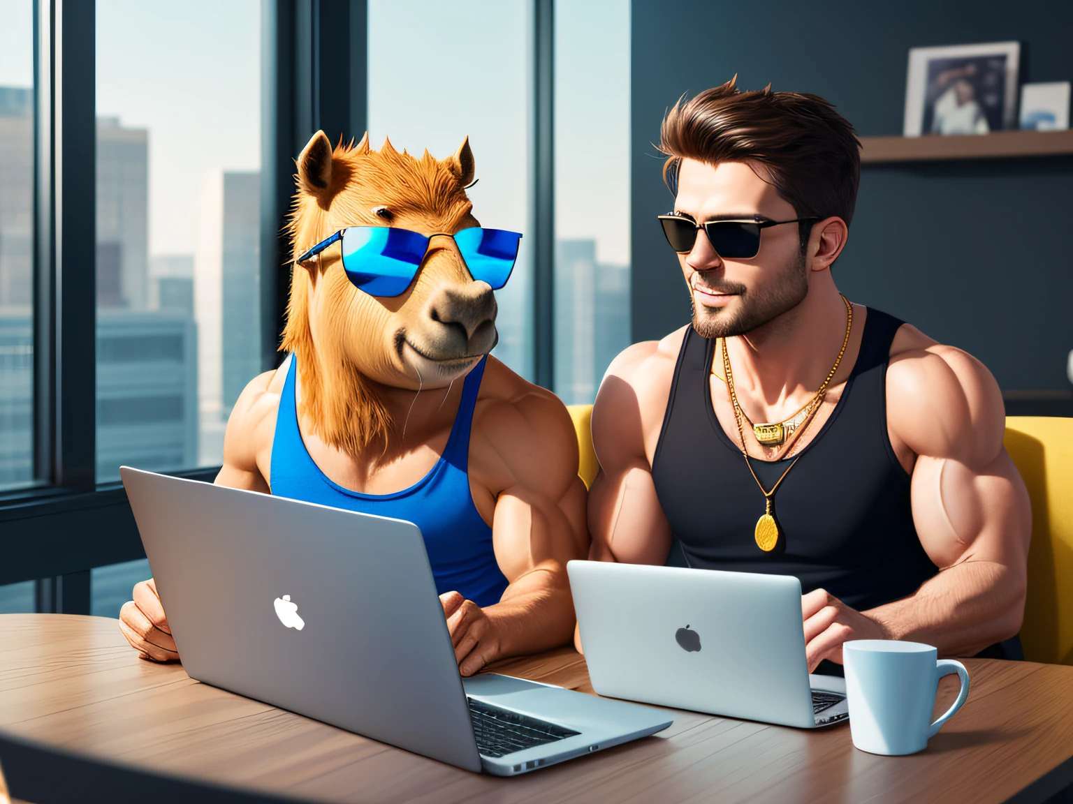 (Anthropomorphic Capybara: 1.6, Muscular, Blue Tank Top: 1.4, Black Sunglasses: 1.1), Chatting with Human IT Company CEO: 1.1, Facing Each other, Gold Necklace, 13 Inch Laptop, Skyscraper Terrace, 8k