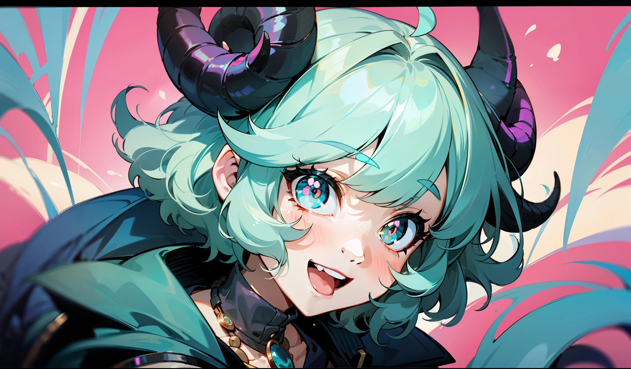 sheep girl, curly and messy hair, (short hair), (cyan hair), (rectangular pupils), blue sheep eyes, black goat horns, wearing a blue overol, with a necklace, with a pink coat on her shoulders, black boots, happy, cheerful, smiling, playful, cute, beautiful, dynamic pose, (1girl), female, solo, splashart, detailed face