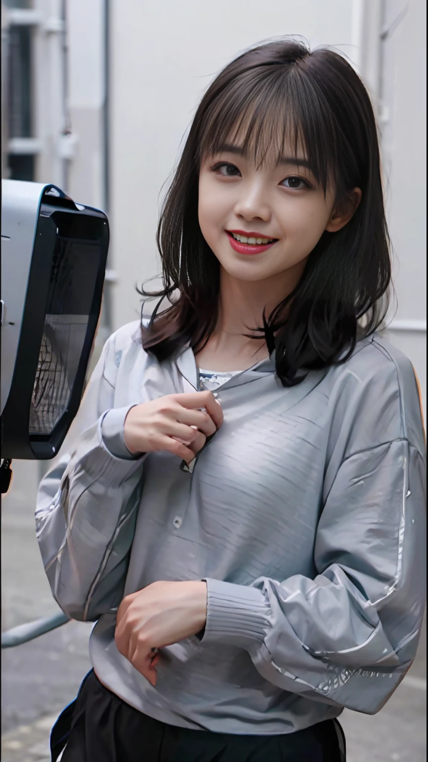 (masterpiece, highest best quality, high resolution, highly detailed, original:1.2),17-year-old girl,slender,thin,random hairstyle,random expression,dark gray collar,white (long-sleeved / short-sleeved) posing,street,dark grey bow tie on hair,smile,no makeup,(realistic:1.4),office background,