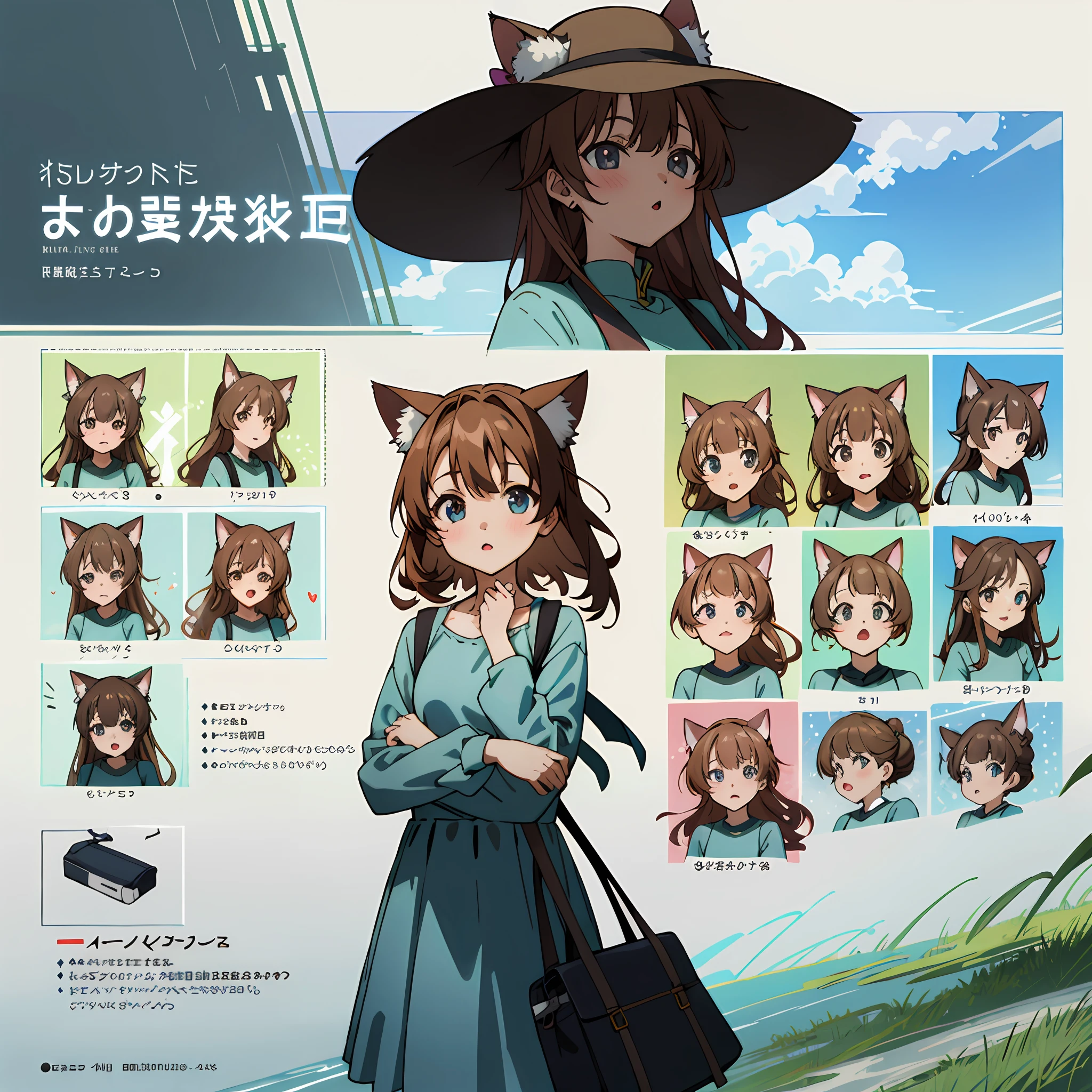 (Super detailed, high resolution, Kyoto animation style anime illustrations, highest quality official art featured: 1.6), beautiful face, eyes, highly detailed body, very detailed hair, nice hands, perfect hands, beautiful hands, (1 girl: 1.4), (Chibi: 0.8), (cute: 1.2), (cute: 1.2), (li: 0.5), one girl, cat ears, (big, Semi-long hair with brown hair, trimmed hair, long sleeves, looks good: 1.5), Cotton sundress, denim jacket, canvas sneakers, straw hat, crossbody bag , bust chart, reference sheet, (Spraying in a fine mist, tri-kini, Escort, Average Height, in shape, Triangular Face, Honey Straight Nose, Thin Lips, Receding Chin, Shoulder-Length Hair, Coarse Hair, Bun, Clip-on earrings, lavender sheer lipstick, Liquid drizzles over the edges, Droplets on grass blades near water:0.9)