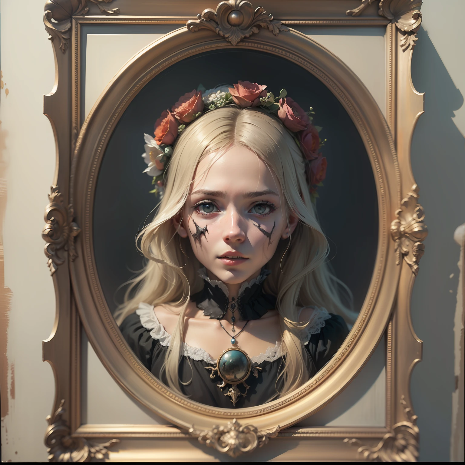 Ultra realistic image of a frame with a painting of a macabre thing drawn