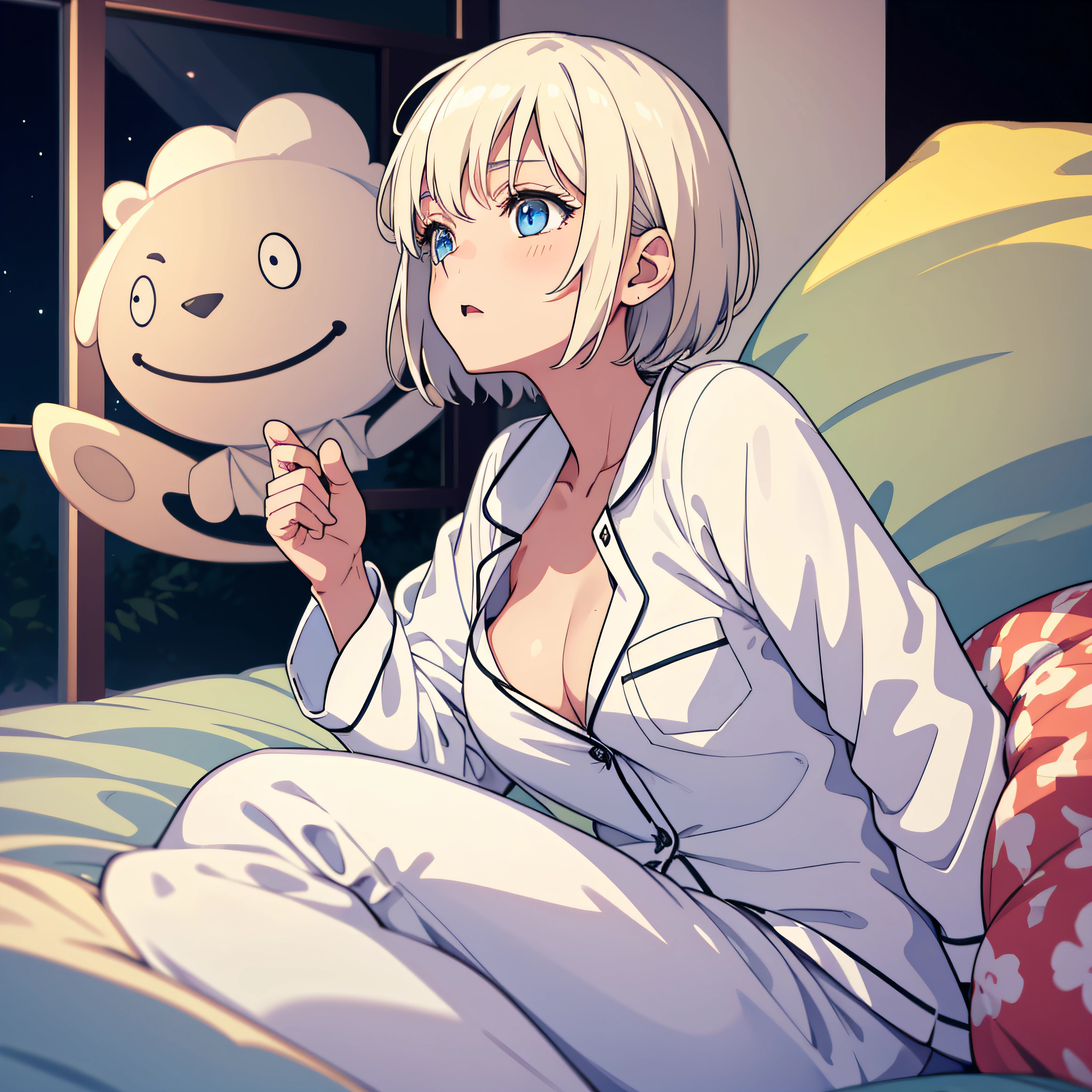 masterpiece, best quality, 1girl, platinum blonde hair, short hair, blue eyes, small perky breasts,night, pajamas, startled face, figure on bed, oversleeping, waking up