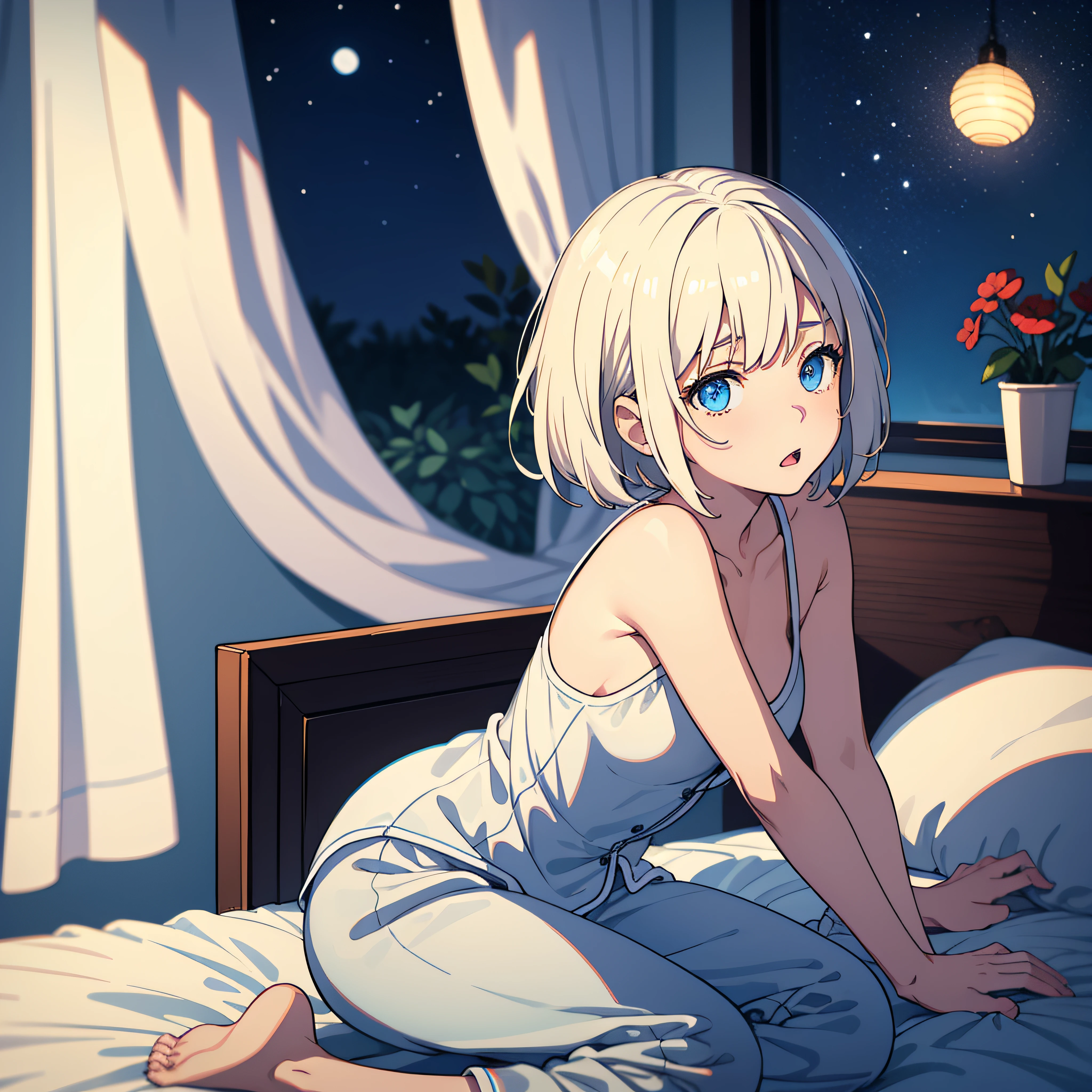 masterpiece, best quality, 1girl, platinum blonde hair, short hair, blue eyes, small perky breasts,night, pajamas, startled face, figure on bed, oversleeping, waking up