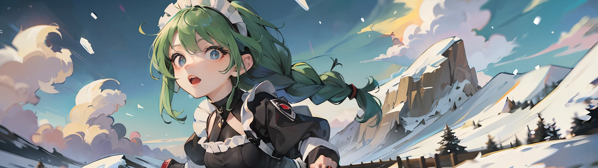 "(Ultra High Quality), (Ultra High Definition), Superb Masterpiece", "Girl with Green Hair in Braids: 1.3", "Black Maid Outfit, 140cm Tall, Beautiful Eyes", "(View) Alpine Peak", "Strong Wind, Snowstorm, Long Shot".