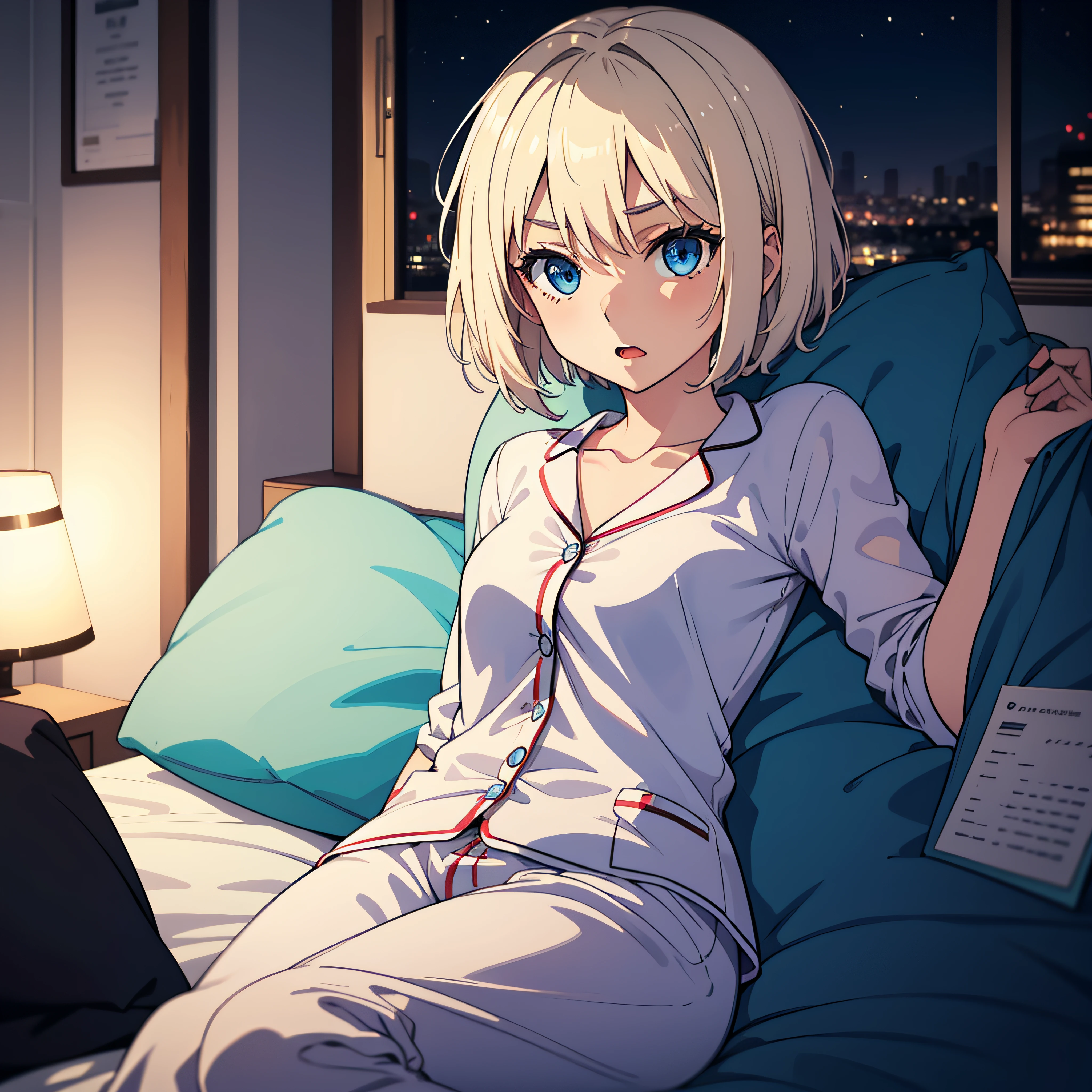 masterpiece, best quality, 1girl, platinum blonde hair, short hair, blue eyes, small perky breasts,night, pajamas, startled face, figure on bed, oversleeping, waking up
