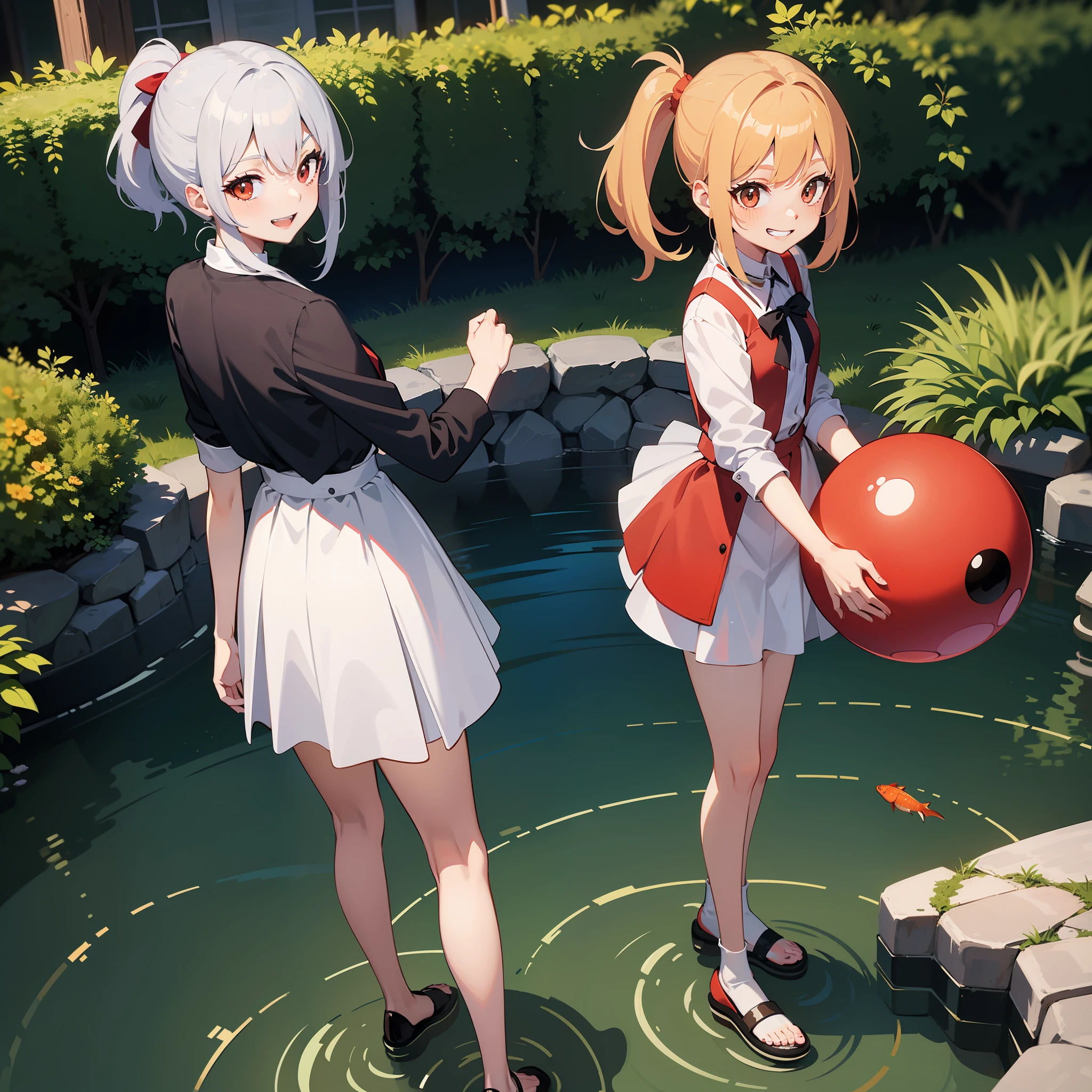 A black double ponytail loli less than 150cm tall, wearing a white skirt and an evil smile on her face, stood on the shore of the fish pond and threw a red ball bomb into the fish pond with a red ball bomb in her hand.