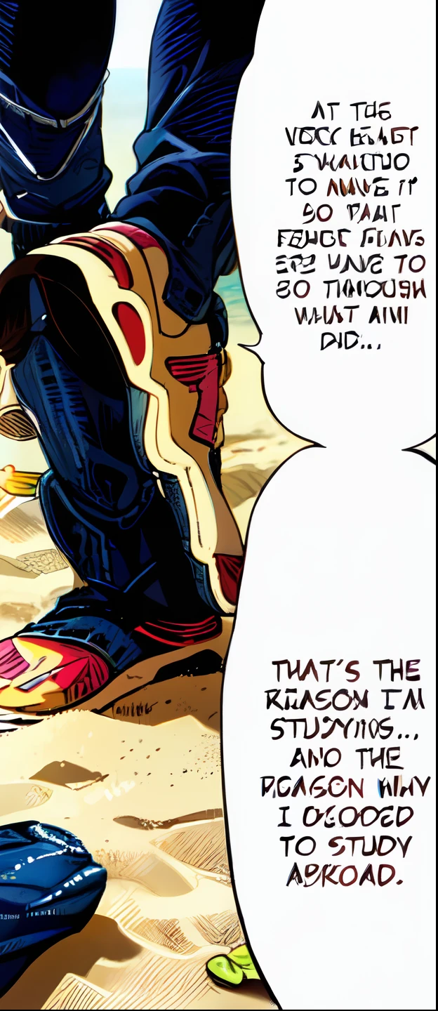 a shoes on beach, jeans, sand, text bubble speech, color manga, manga color, color manga, color manga panel, simple background