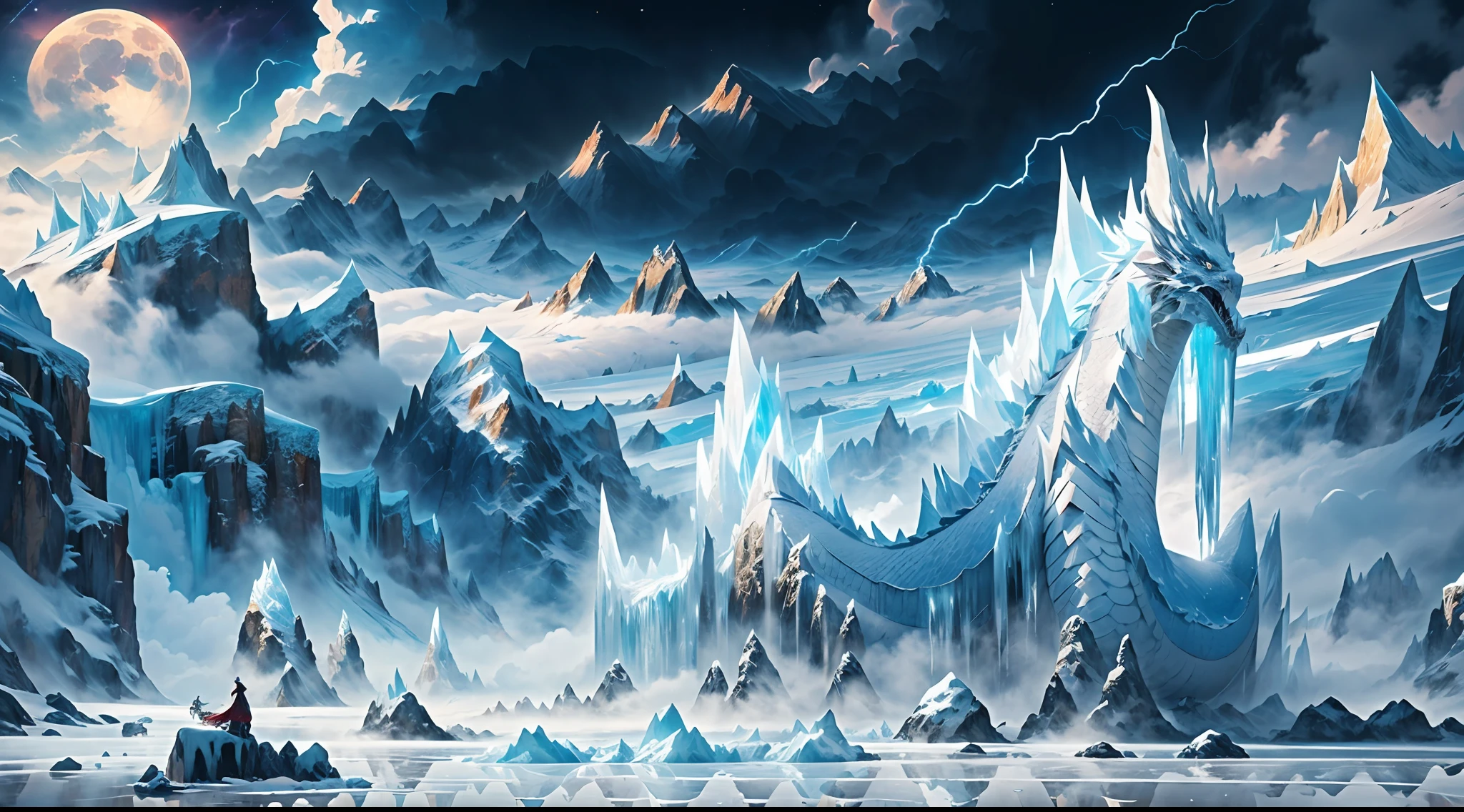 This work presents a mysterious and magnificent ice age scene, making people feel like they are in an ancient and mysterious magic field.
In the picture, a huge iceberg rises into the clouds, and glaciers extend from the peaks, shrouding a vast valley. The surface of the glacier is covered with thick ice and white snow, presenting a magnificent scene of the world of ice and snow. In front of the glacier, a huge ice wall stands a glacial dragon, as if to cut off the boundary between humans and this mysterious world.
In the sky, dark clouds are thick and lightning streaks through the clouds, emitting a stunning light. This ice age magic domain is full of mysterious energy, and strong electromagnetic fields distort the surrounding landscape, creating strange shapes and colors.
In the distant skyline, a bright moon can be seen rising and casting a faint glow. The moonlight shines through the mist on the glacier, reflecting the twinkling ice crystals, creating a mysterious and dreamy atmosphere.
The whole picture emphasizes the magnificence and mystery in the ice age, through the use of light and shadow and the change of color, conveying the unique atmosphere of this ice magic domain, a huge ice blue dragon standing in the center of the picture, 8K, ultra-high quality, super detail, the highest clarity of the dragon head, the highest definition of the dragon scales,