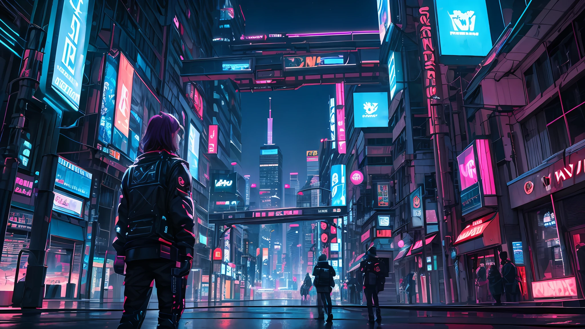 (masterpiece, top quality, best quality, official art, beautiful and aesthetic:1.2),(blue purple neon lighting), (vibrant glow), dynamic colors, striking contrast, futuristic vibe, electric energy,reflective surfaces,(cityscape:1.3),8k,official wallpaper, (cyberpunk:1.2) ,futrue