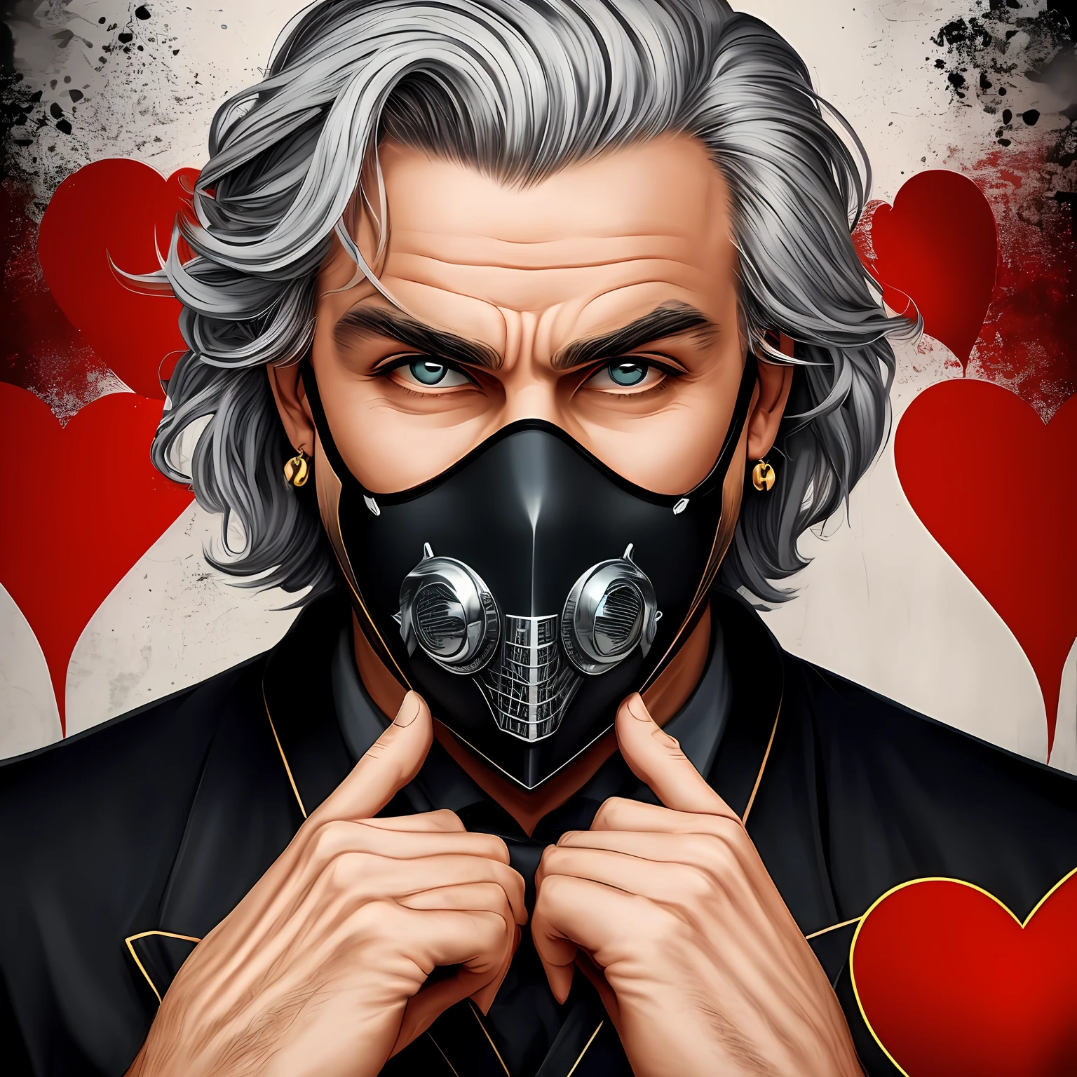 a man, grey hair, mouth mask, devil eyes, heart earrings, smelling, Pop art, speed lines, border, from outside, Canon, best quality --auto