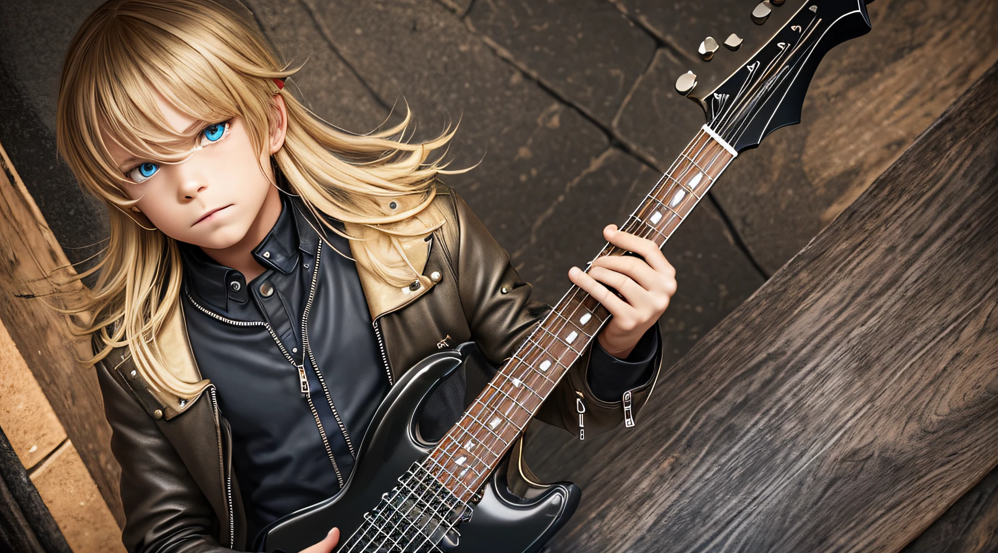 BOY BLONDE CHILD LONG AND BIG STRAIGHT HAIR, WITH LEATHER JACKET , PORTRAIT, a black electric guitar with a guitar case, amplifier and accessories, mat black metal, obsidian metal, electric guitar, evil guitars, dark metal, full product shot, kit, electric guitars, rock, futuristic electric guitar, lead guitar, guitar, black horns, rock star, black, dark tone, Black Metal Style, Intense Details, Black Crow, Vanta Black