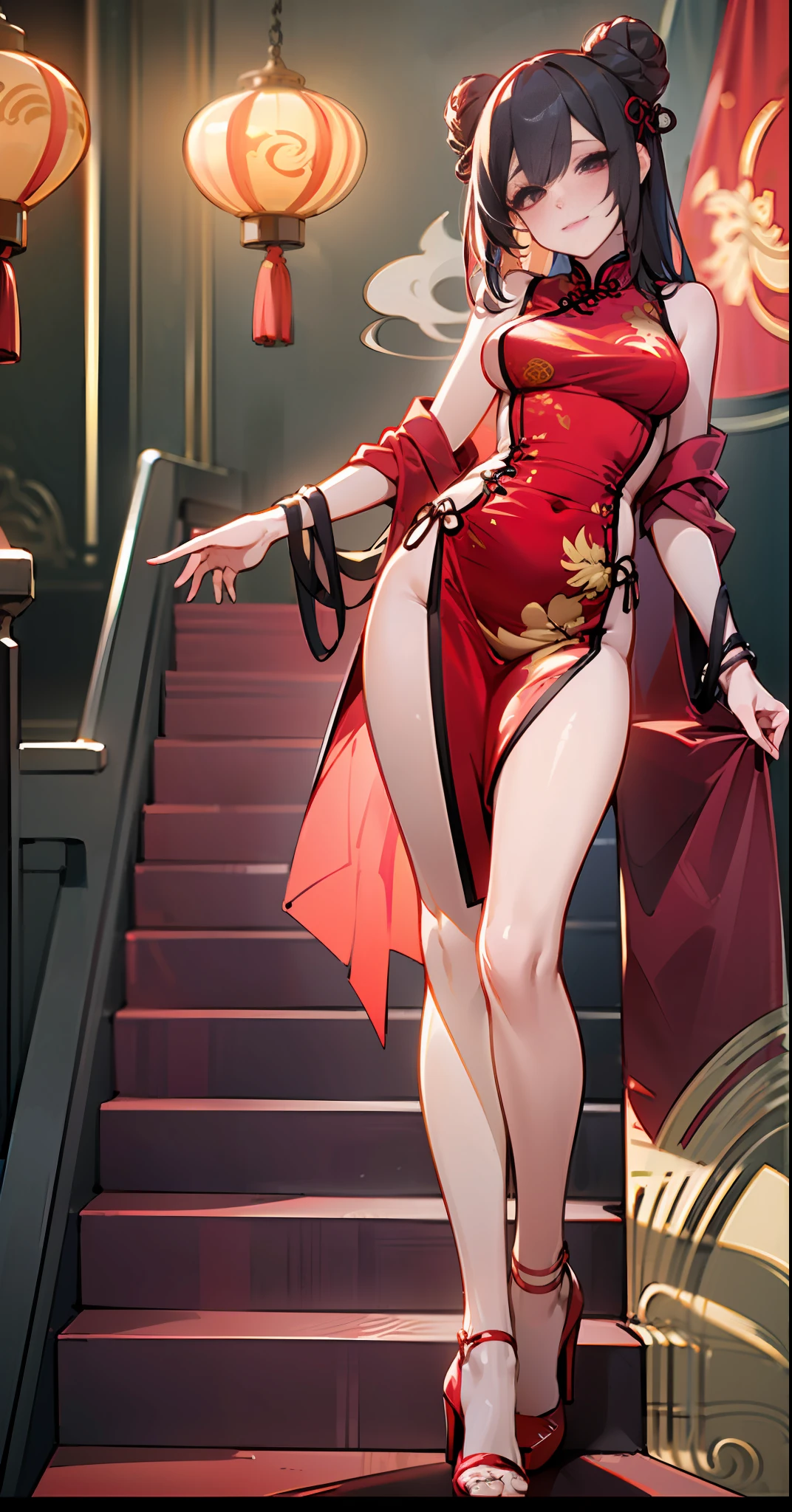 Sexy seductive lady, 30 years old, peach blossom eyes, smoky makeup, dark eye shadow, heavy makeup, silk high-forked cheongsam, stiletto heels, (bare legs), teasing expression, standing on the stairs, striped hair, black hair, moles under the eyes, makeup, anime style, seductive smile, kinky smile, chinese court, chinese feeling, lanterns, chinese knots, uhq, masterpiece, ,8k, best quality, ccurate, anatomically correct, highly detailed characters, stiletto heels, bare legs, rounded smooth bare legs, (8k, Original Photo, Best Quality, Masterpiece,,:1.2), ((Character) Concept Art), Full Body Concept, Fine Details, Screen Center,