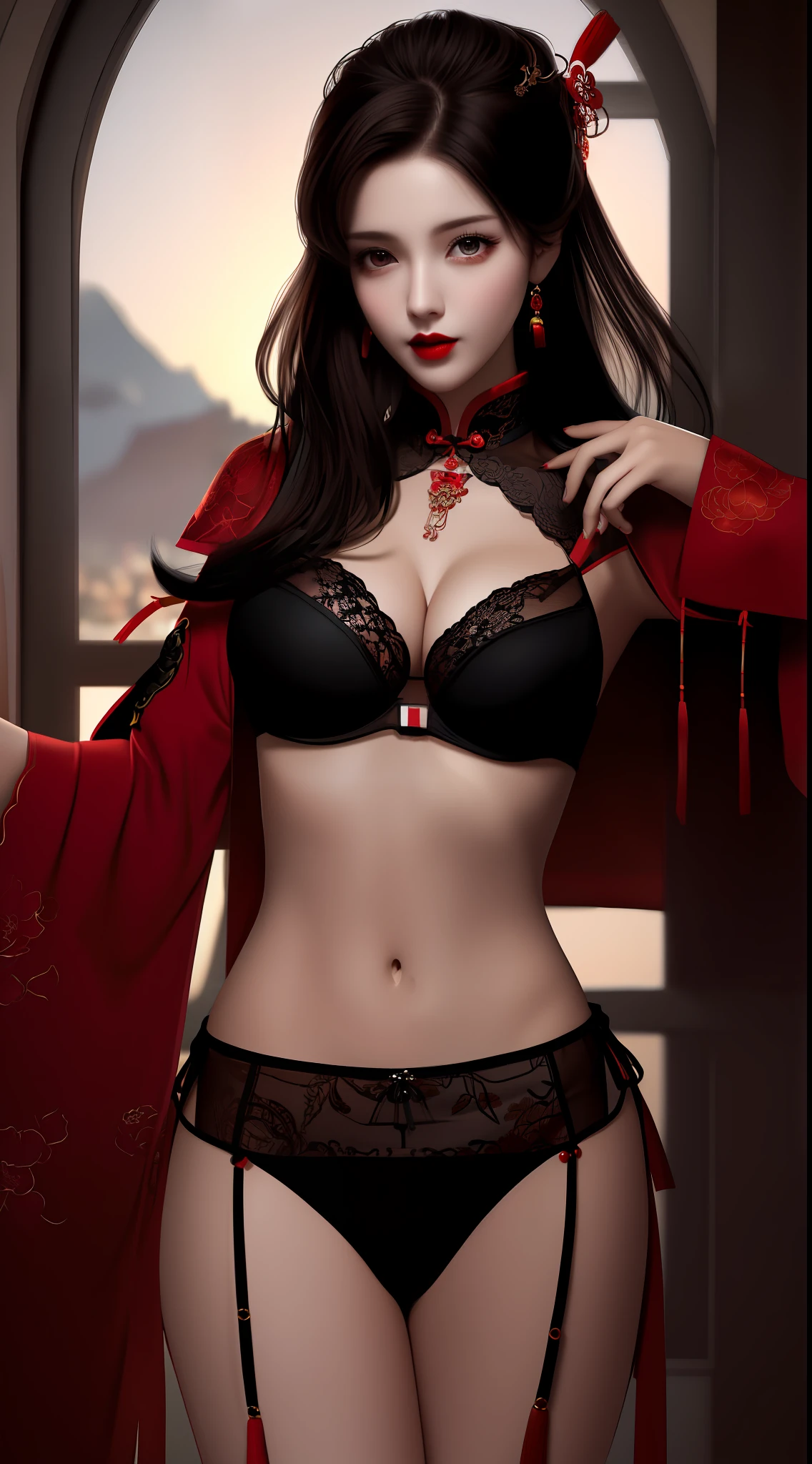 Realistic, 1 girl, see-through chinese armor soft red black, very large breasts, black hair, red lips, detailed eyes , dark backgrou,,Low light, Chinese underwear, best face, Low light landscape, sexy style, royal, Penetration , chinese underwear,bust, Dark background, Detailed face, taken from the belly up, Transparent
