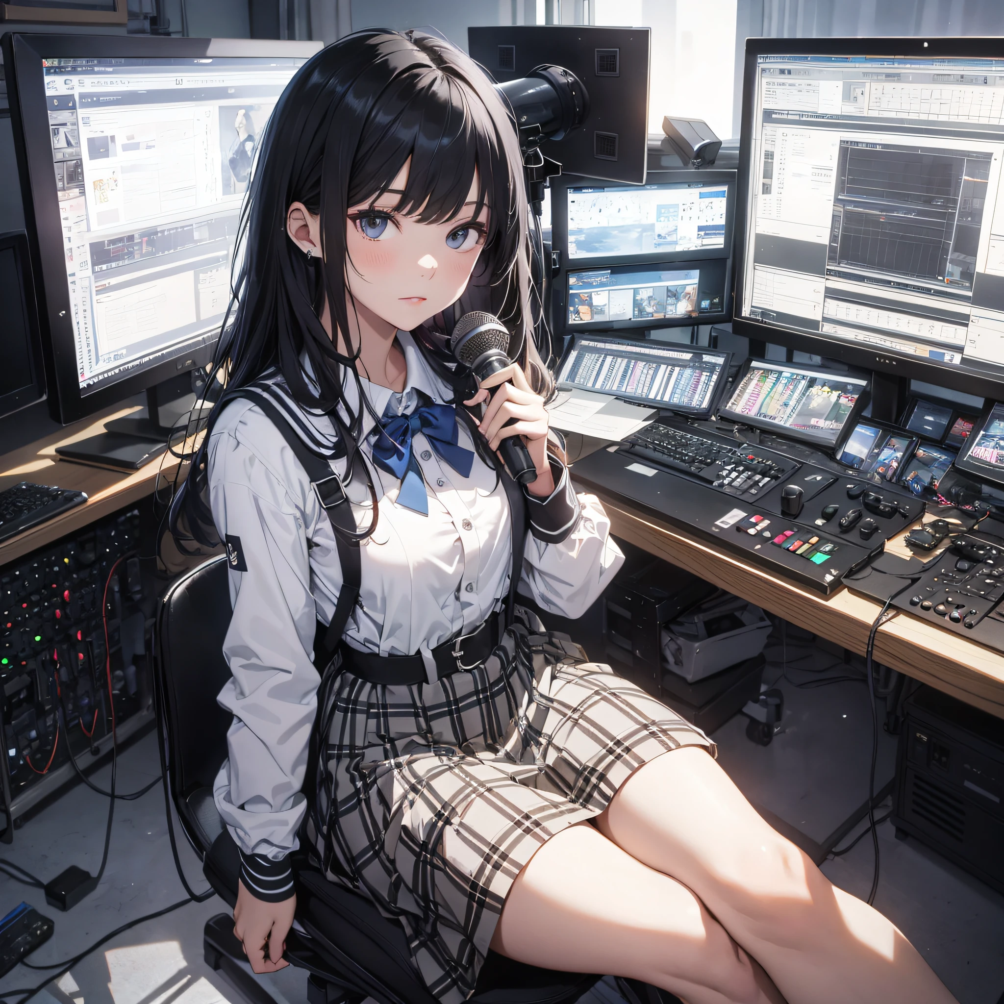 Absurd resolution, high resolution, (masterpiece: 1.4), hyper-detailed, school dress up as a black-haired young woman, in a broadcast room, screen, sitting, mic, looking at the camera