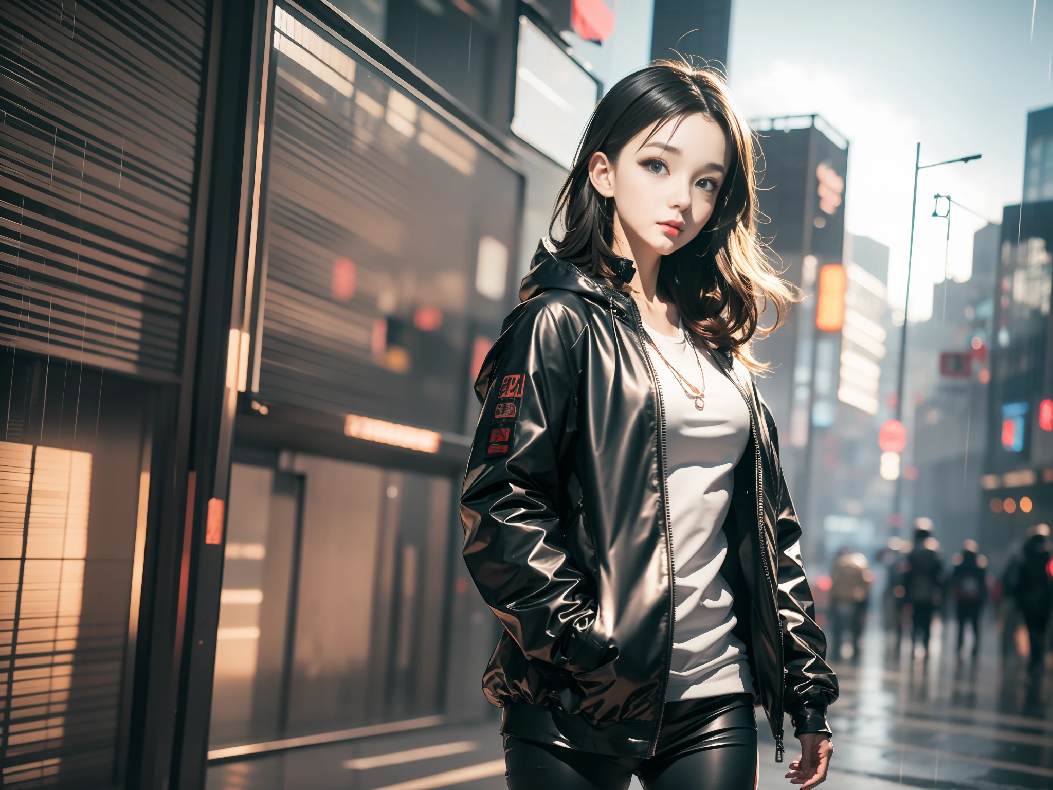 1girl, jacket, rain, outdoor, hoodie, open jacket, chain, backpack, messy hair, trend on artstation, 8k resolution, very detailed, anatomically correct, clear picture Cyberpunk Korean casual wear heavy rain casual clothes tall leg length modern technology Exquisite face