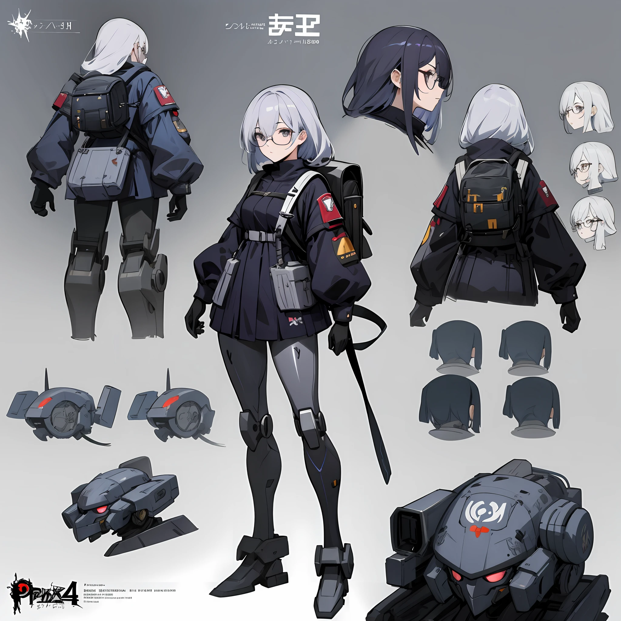 l2459072752-{best quality}, {{masterpiece}}, {high resolution},)) Character design sheet, same character, front, side, back)) Original, extremely detailed 8K wallpaper, 1girl, {extremely refined and beautiful}, gray raven: punishing, battle double parish style, anime character design of a woman with backpack and backpack, a battle robot with glasses behind a girl, concept art by a senior character artist, Anime concept art, ethereal and mecha themes in the back,