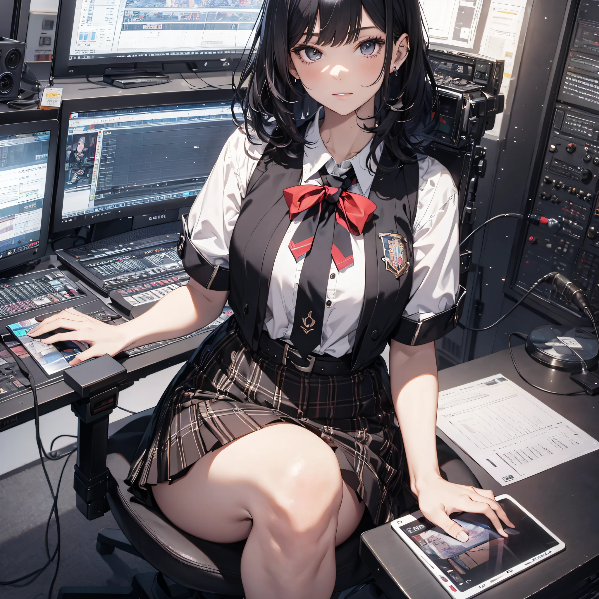Absurd resolution, high resolution, (masterpiece: 1.4), hyper-detailed, school dress up as a black-haired young woman, in a broadcast room, screen, sitting, mic, looking at the camera