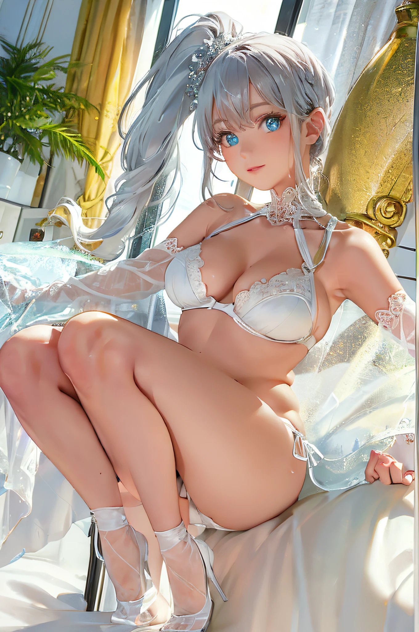 (Photorealistic:1.4), (Masterpiece, Sidelight, Fine Beautiful Eyes: 1.2), MasterpiecePortrait, Ultra Realistic, 3D Face, Glistening Eyes, Glossy Hair, Glossy Skin, Alone, Embarrassing, (Epigastric), White Sheer Underwear, Silver Hair, Full Length Figure, Catwalk, Smooth Thighs, White Sheer , Slender Body, Protruding Ass, Ponil, 8K