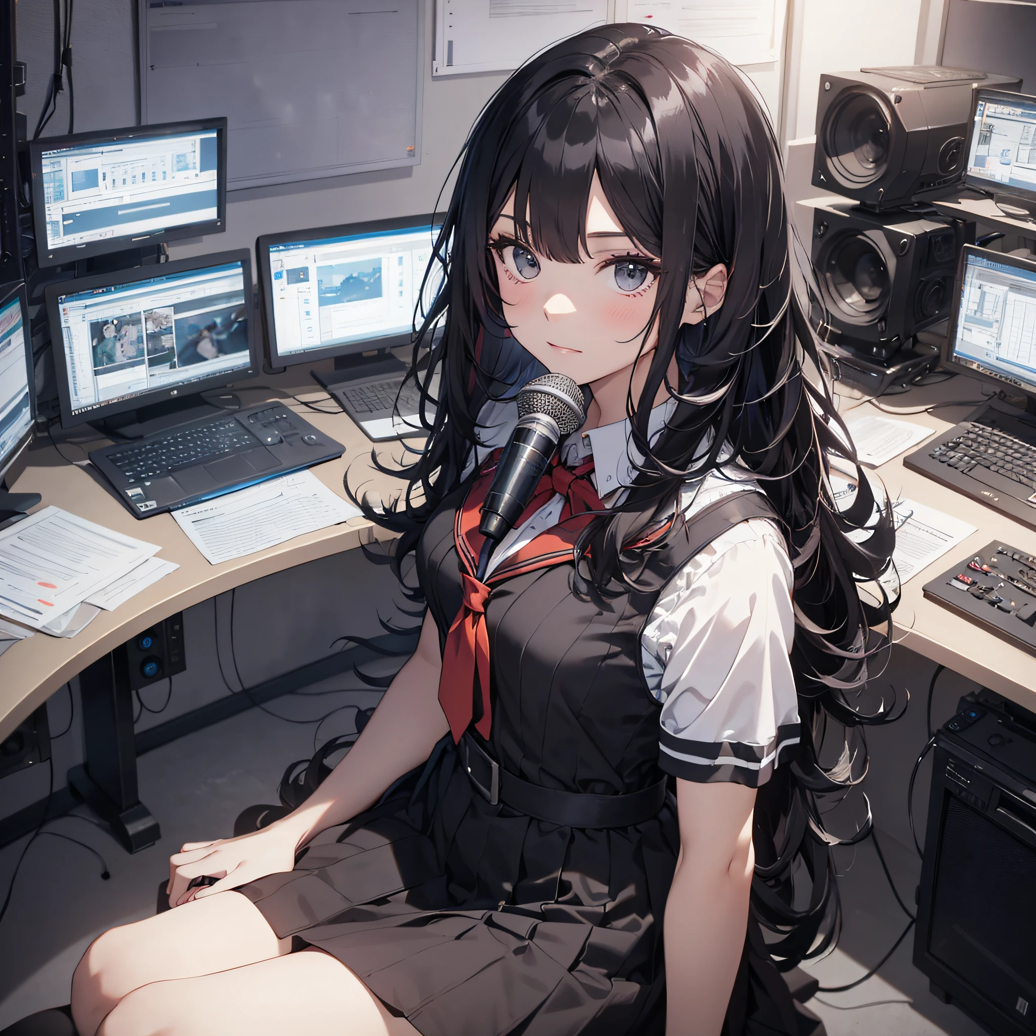 Absurd resolution, high resolution, (masterpiece: 1.4), hyper-detailed, school dress up as a black-haired young woman, in a broadcast room, screen, sitting, mic, looking at the camera