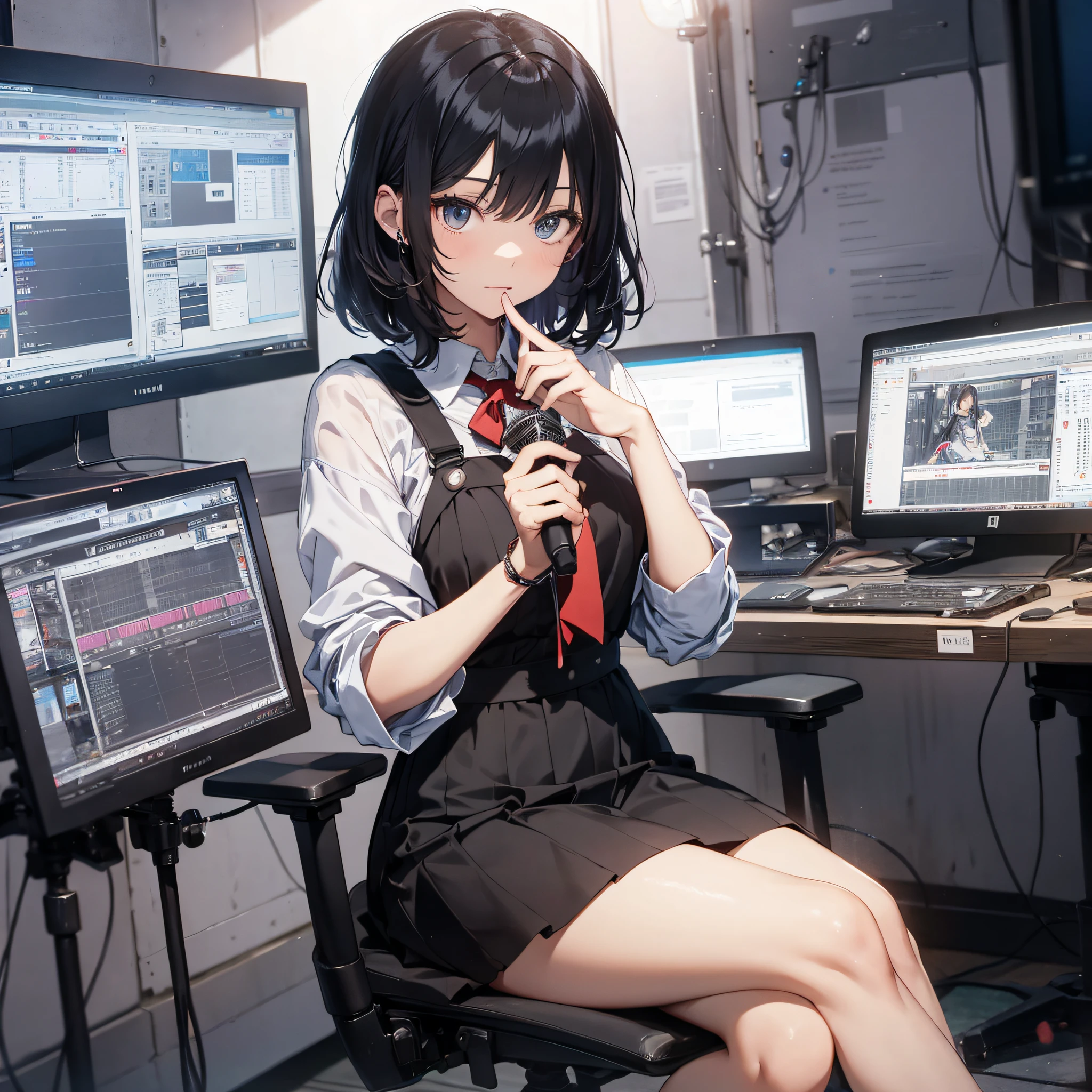 Absurd resolution, high resolution, (masterpiece: 1.4), hyper-detailed, school dress up as a black-haired young woman, in a broadcast room, screen, sitting, mic, looking at the camera