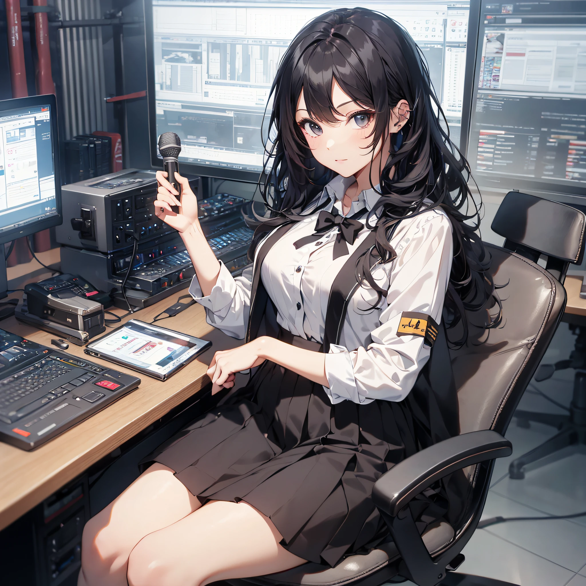 Absurd resolution, high resolution, (masterpiece: 1.4), hyper-detailed, school dress up as a black-haired young woman, in a broadcast room, screen, sitting, mic, looking at the camera