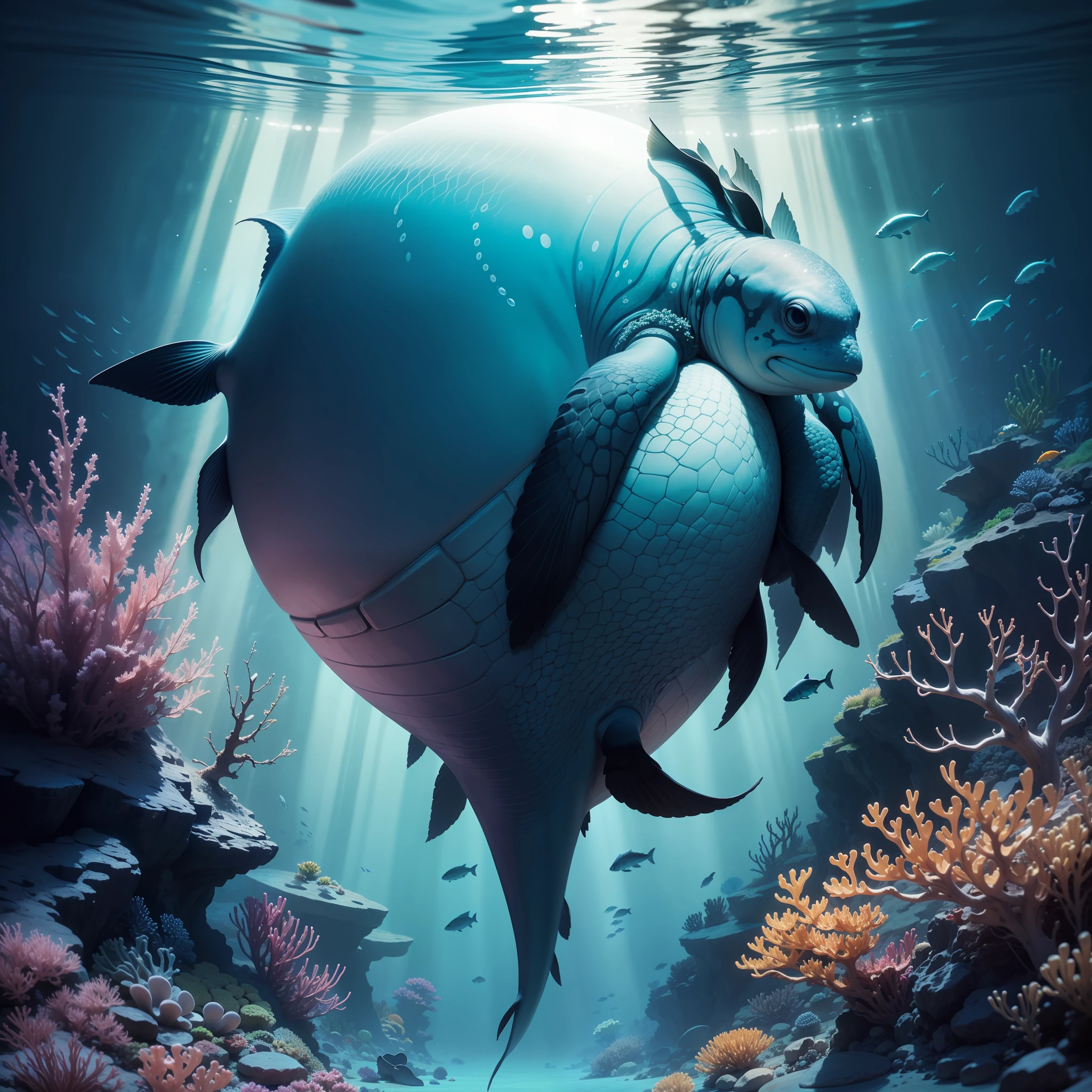 /imagine prompt: A breathtaking marine life poster that showcases the hope, maternal love, and future technology that could save the ocean's diverse species. The challenge of depicting a deep ocean view with its secrets has been faced with an exciting and hyper-realistic approach in this artwork.
The focal point of the poster is a majestic humpback whale, who seems as tranquil on the poster as it is in real life, gracefully gliding through the blue waters of a vibrant coral reef, surrounded by many different types of marine life.
The overall look and feel of the marine environment is captured in shades of blues, greens, and purples that merge and blend to evoke a serene and otherworldly atmosphere that transports the viewer underwater.
The scene is set deep within the ocean, with light rays shining through a complex of corals, creating an ethereal effect. Expert occlusion rendering captures the depth of the scene, from the textures of the corals to the playful sway of the fish.
Colorful tropical fish swirl around the coral reefs, their vibrant scales reflecting the sunlight, and a squad of robotic fish equipped with artificial intelligence technology swims alongside them, highlighting the benefits of harmonious coexistence between nature and technology.
An important participant in the poster is a mother sea turtle, whose maternal love and protection inspire the audience to be responsible for preserving different species as well as the whole ecosystem. Her hatchlings showcase the potential of the future and the hope for a better tomorrow.
The entire poster is created with meticulous attention to detail, and it showcases the beauty of nature in marine life. A futuristic touch has been added to it to showcase how technology can help create a more sustainable future for marine life.
This incredibly produced artwork is an emotive reminder of the need to save the oceans and marine life, showcasing how we can use technology to our advantage and preserve the beauty a