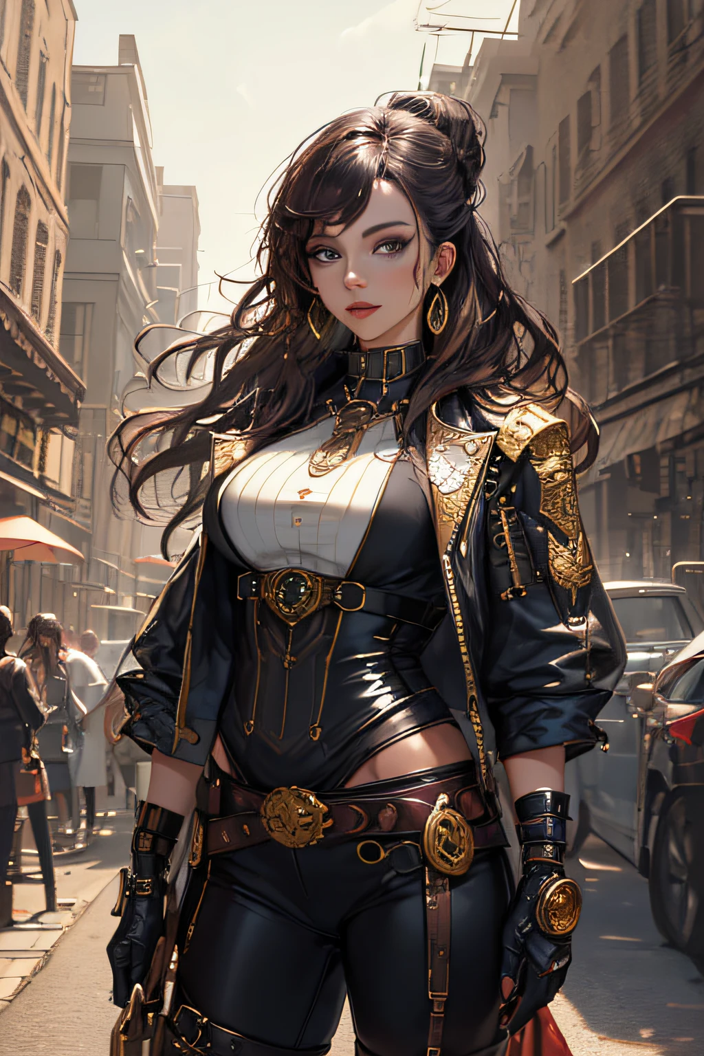 (1girl:1.3), looking at viewer, (steampunk suggestive clothes, Maven, Average Height, Toned, Round Face, Olive Skin, Brunette Hair, Blue Eyes, Wide Nose, Full Lips, Receding Chin, Long Hair, Straight Hair, Wavy Updo, soft sagging breasts, Threader earrings, golden, matte lipstick,steampunk metropolis),(masterpiece, best quality, detailed shiny skin:1.2), flawless, 8k, RAW, highres,absurdres,