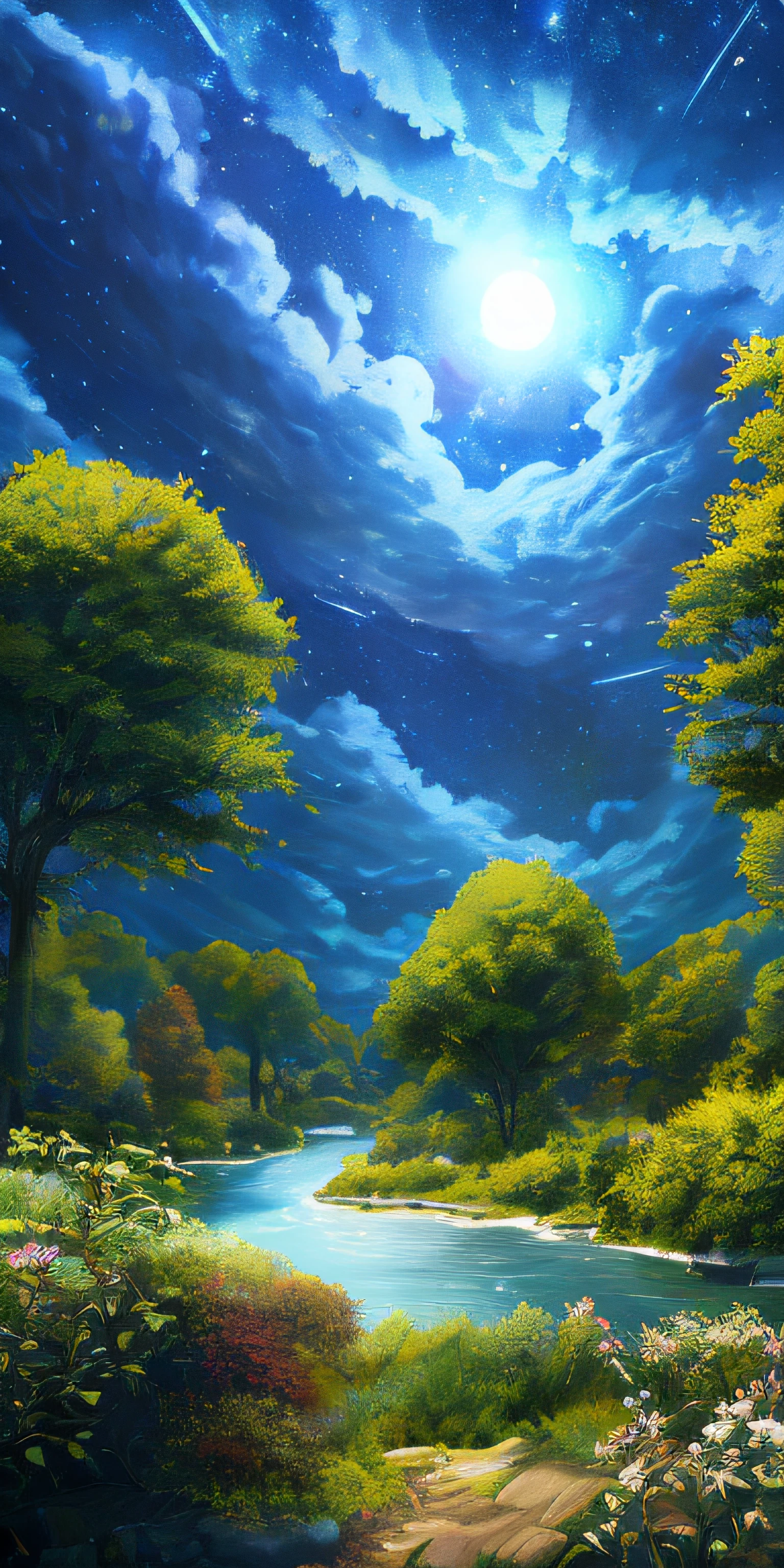 Illustration of a surreal, otherworldly, hyper sky scene including a giant crystal tree full body, highly detailed and magical lighting, intricate forest details, vegetation and surrounding river, solar punk, landscape, giant tree , beautiful green leaves, beautiful lighting and realistic proportions, as if this is a movie background, 8k, highest quality, masterpiece, clouds and stars in the sky.