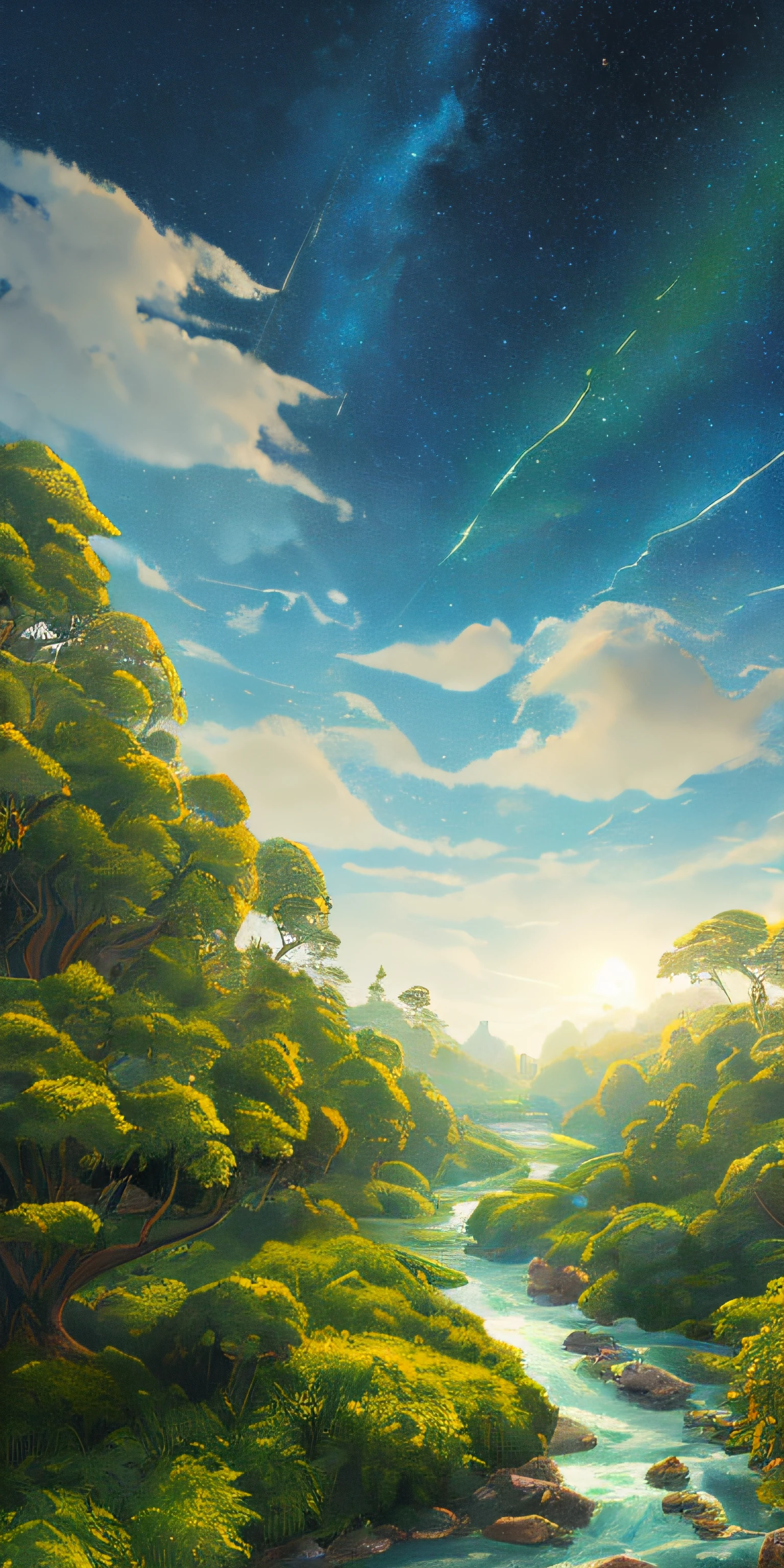 Illustration of a surreal, otherworldly, hyper sky scene including a giant crystal tree full body, highly detailed and magical lighting, intricate forest details, vegetation and surrounding river, solar punk, landscape, giant tree , beautiful green leaves, beautiful lighting and realistic proportions, as if this is a movie background, 8k, highest quality, masterpiece, clouds and stars in the sky.