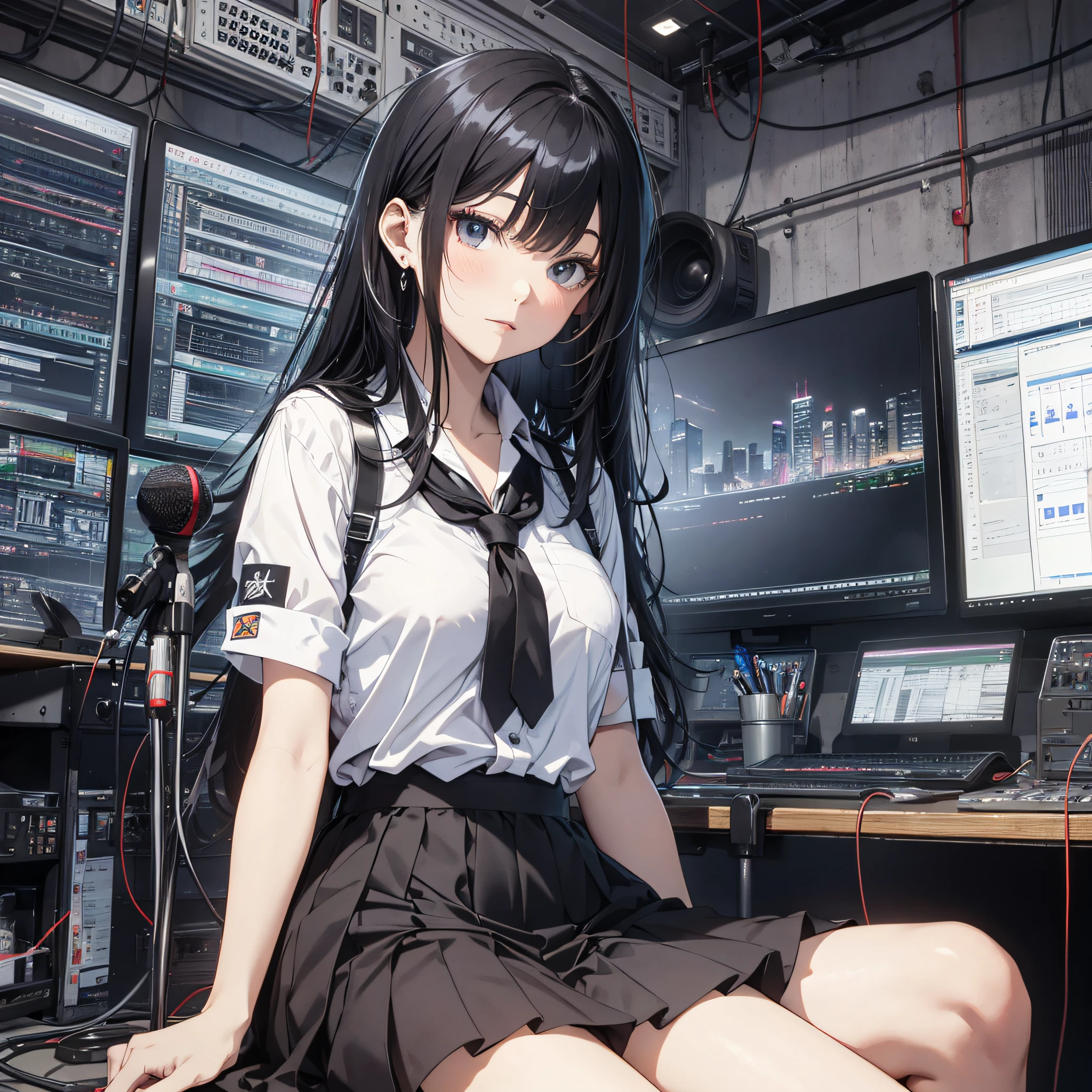 Absurd resolution, high resolution, (masterpiece: 1.4), hyper-detailed, school dress up as a black-haired young woman, in a broadcast room, screen, sitting, mic, looking at the camera